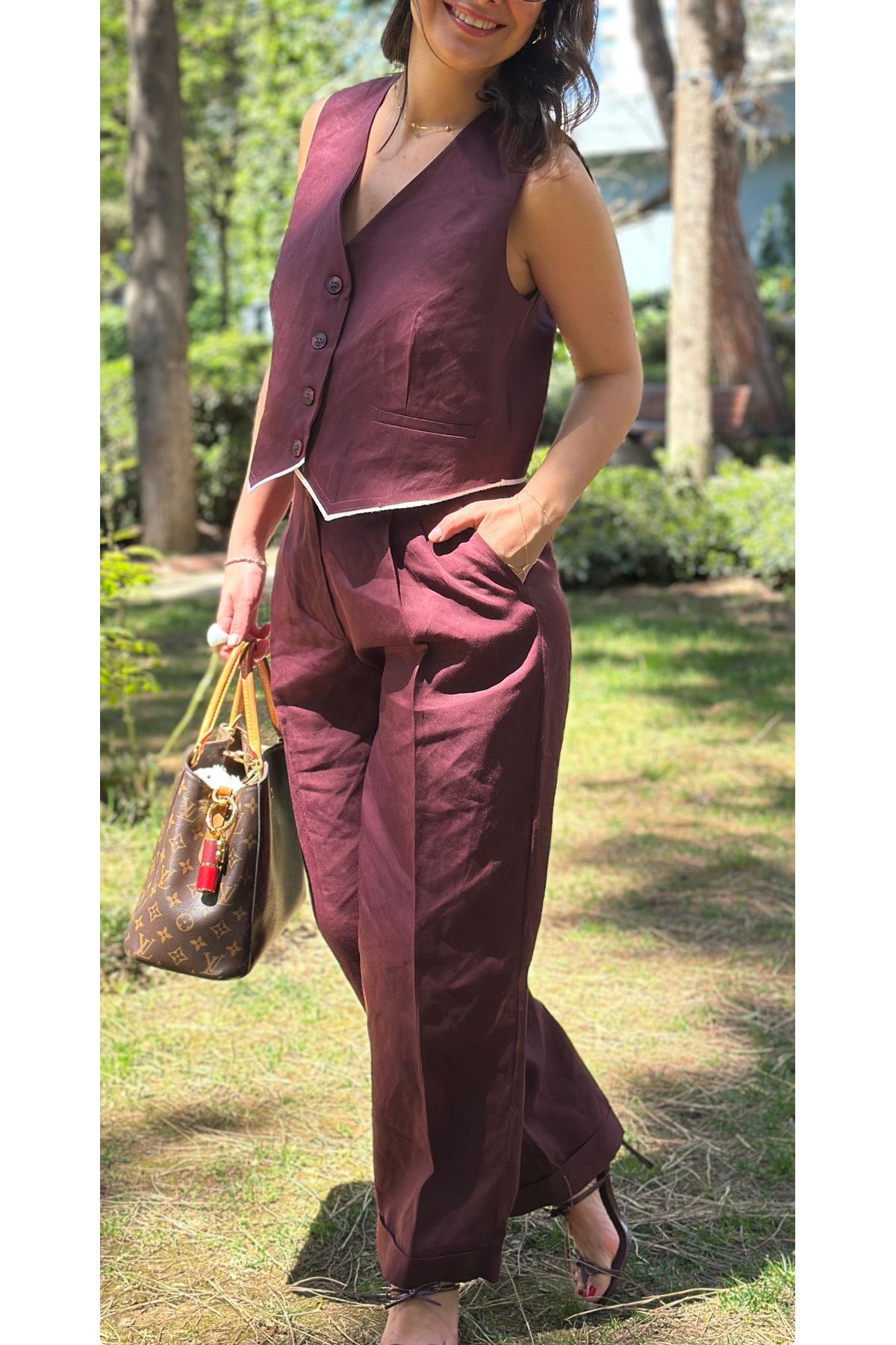 LaSorella Butik KADIN KETEN GÖRÜNÜMLÜ BORDO TAKIM