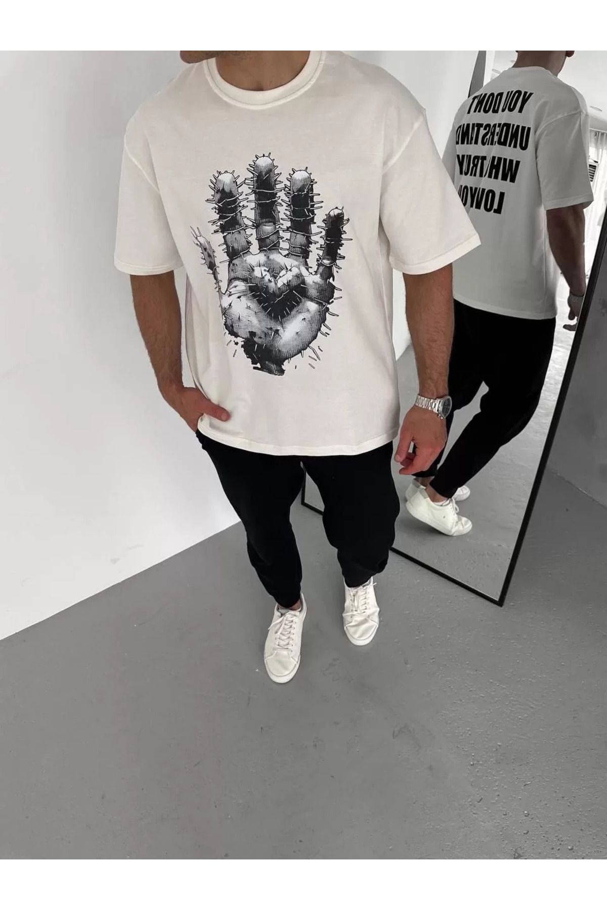 FantaziAtölyesi Unisex Bisiklet Yaka Baskılı Oversize T-Shirt - Beyaz