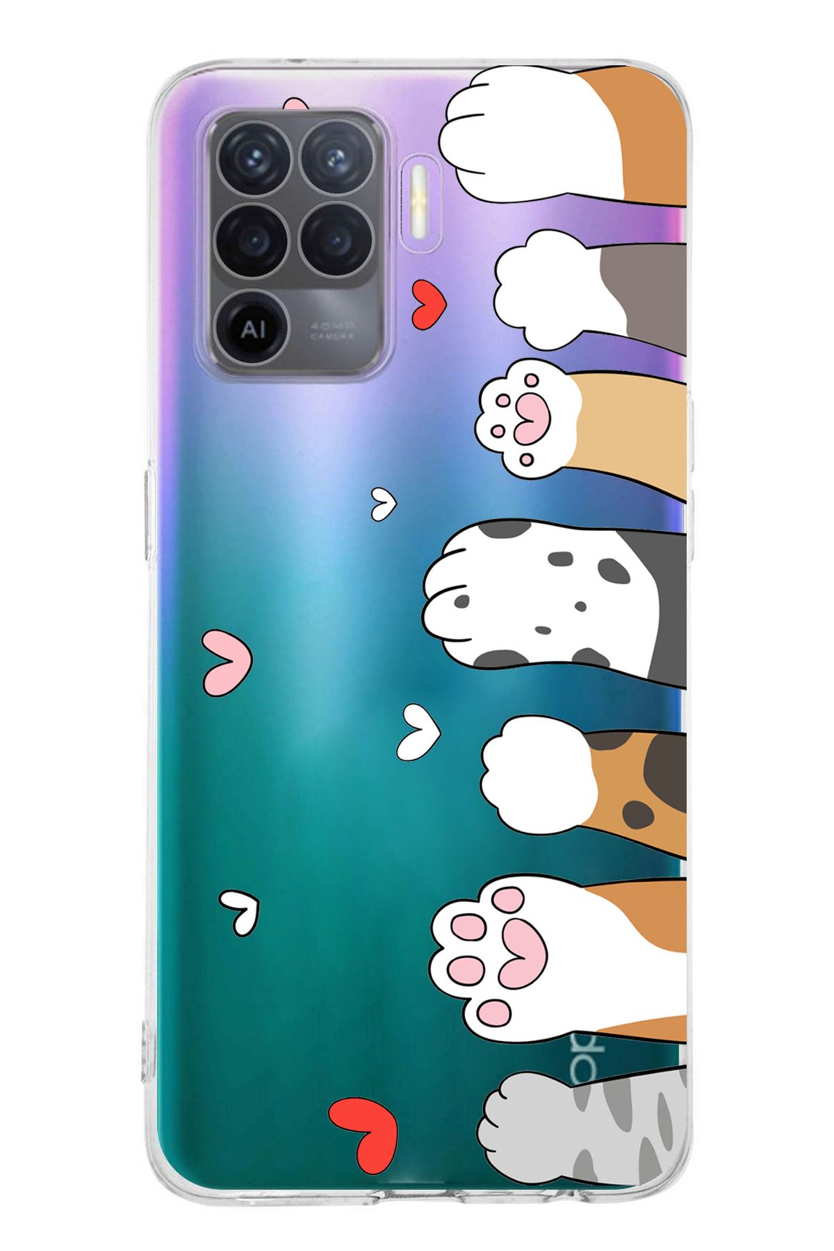 TechTree Oppo Reno 5 Lite Uyumlu Sevimli Kedi Patiler Tasarımlı Şeffaf Silikon Kılıf