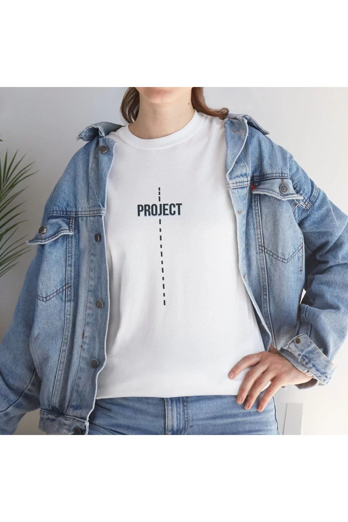FantaziAtölyesi Unisex Kadın Bisiklet Yaka Baskılı T-Shirt - Beyaz