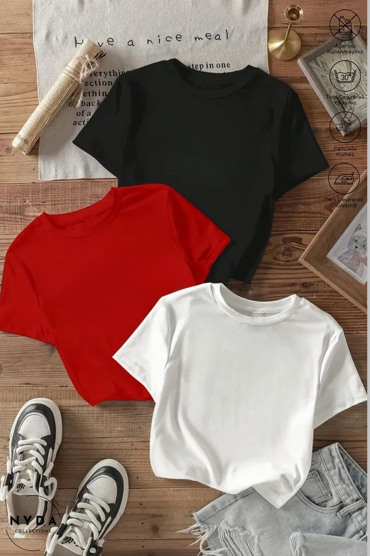 Nyda Collections Unisex Bisiklet Yaka Baskısız Pamuk Oversize 3lü Renkli Kısa Kollu Tişört Takım