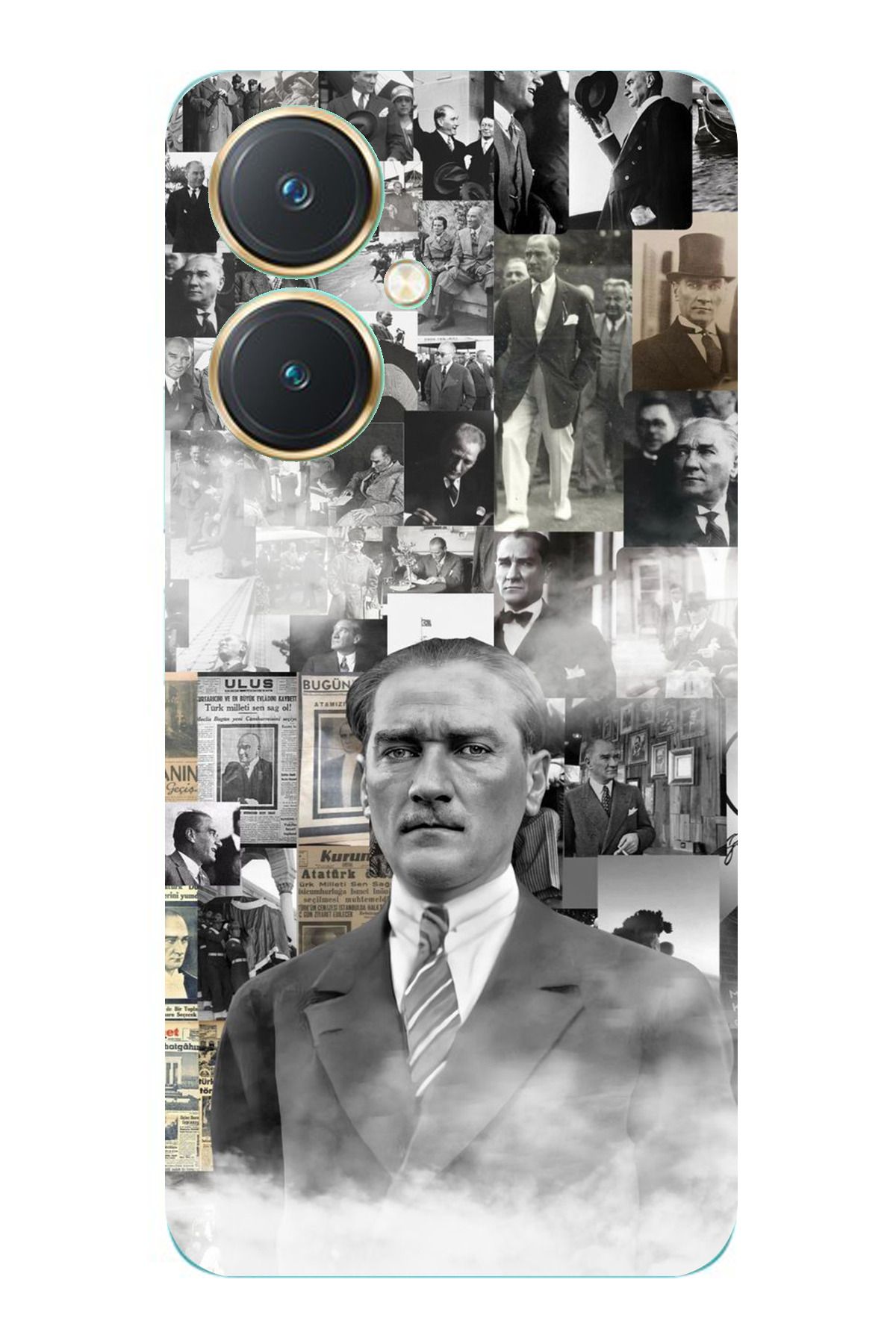 TechTree Vivo Y27 Uyumlu Mustafa Kemal Atatürk Kolaj Şeffaf Silikon Kılıf