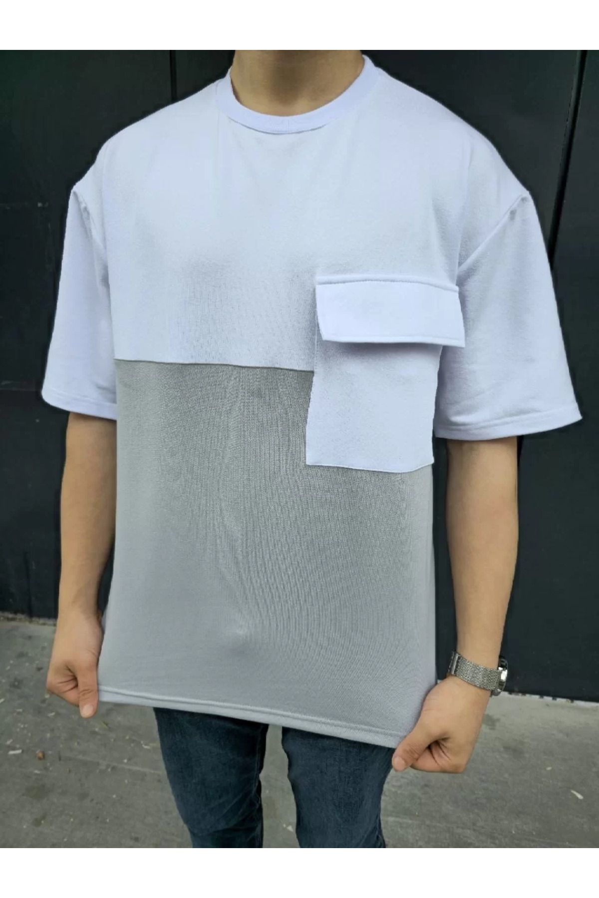 FantaziAtölyesi Unisex Torba Cep Detaylı Parçalı T-Shirt - Gri