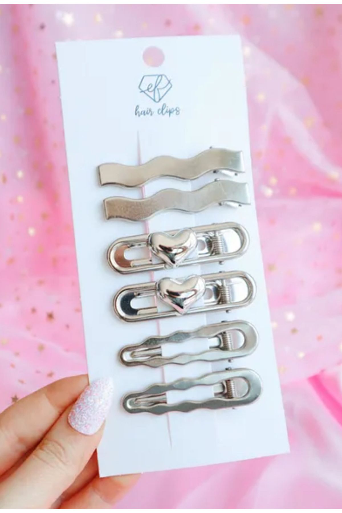 synshop Kawai Y2k Kpop Gotik Kore Lolita Yıldız Ribbon Kurdele Fiyonk Kalp Gümüş Renk Pens Toka Hediye