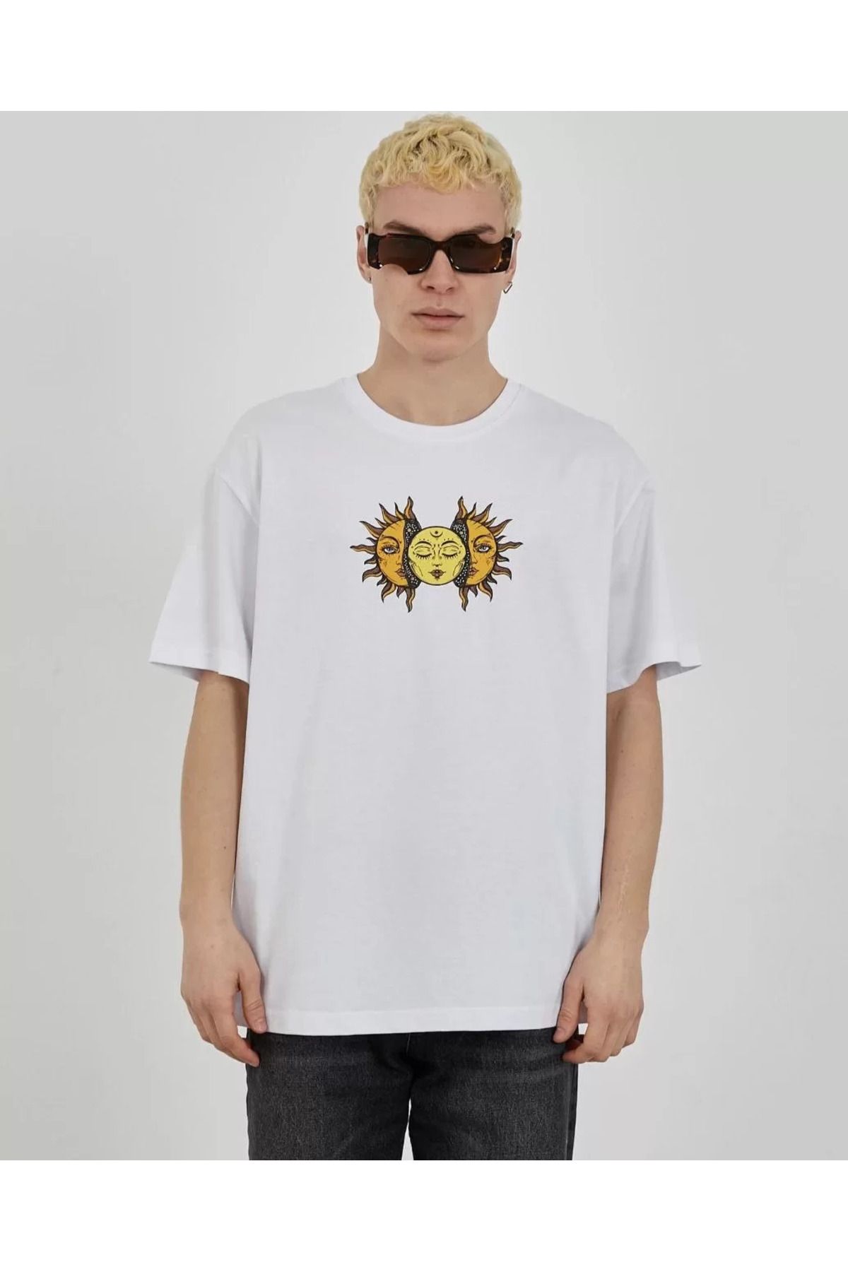 FantaziAtölyesi Unisex Bisiklet Yaka Baskılı Oversize T-Shirt - Beyaz
