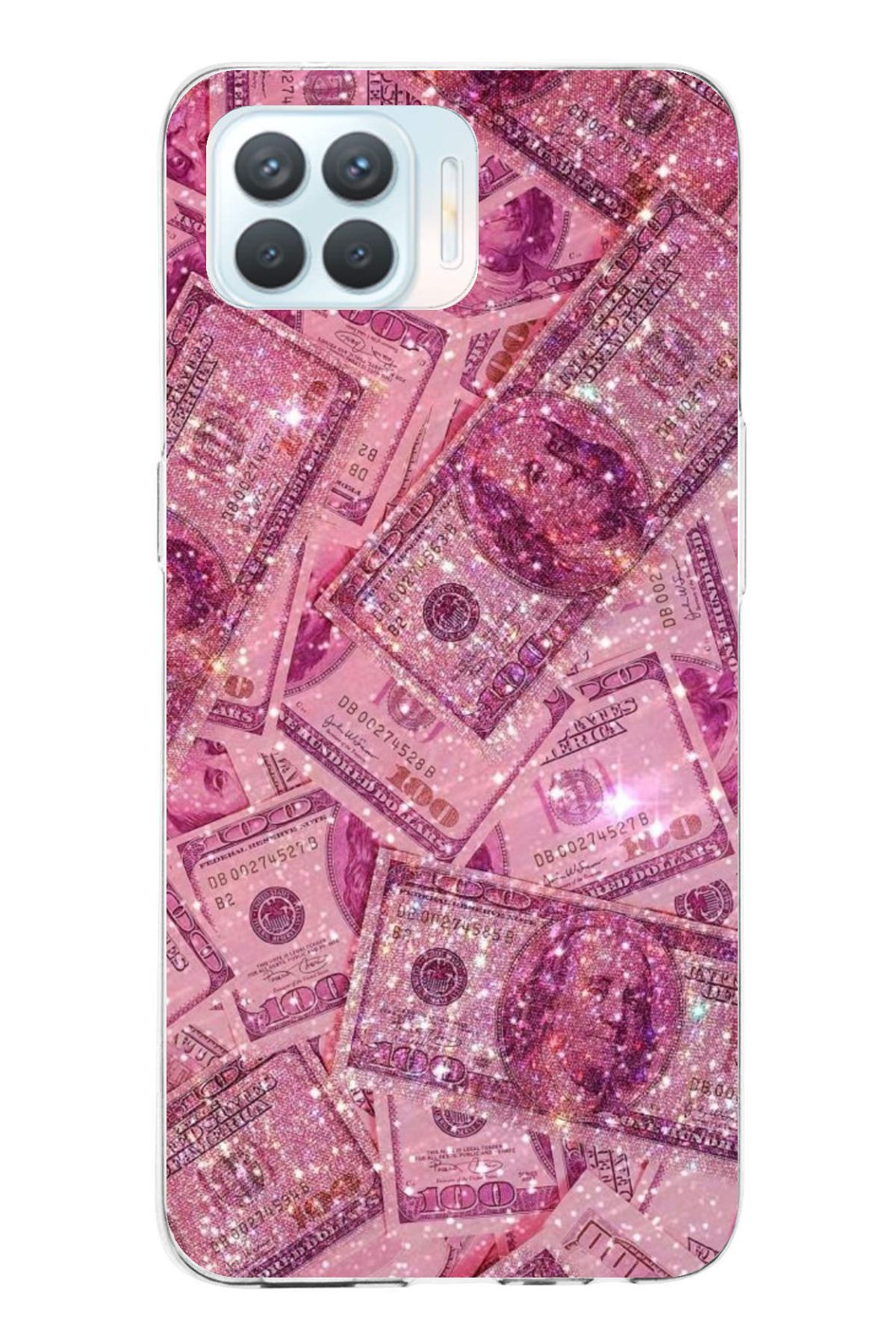 TechTree Oppo Reno 4 Lite Uyumlu Pembe Işıltılı Dolarlar Şeffaf Silikon Kılıf