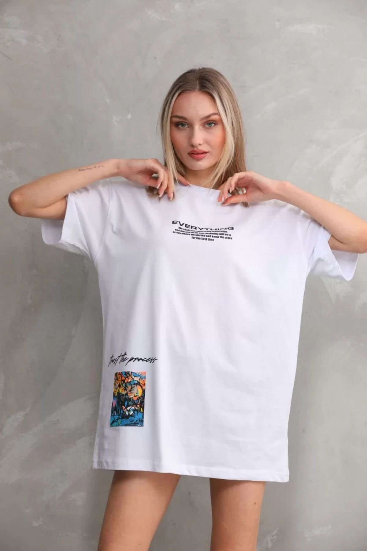 FantaziAtölyesi Unisex Bisiklet Yaka Baskılı Oversize T-Shirt - Beyaz