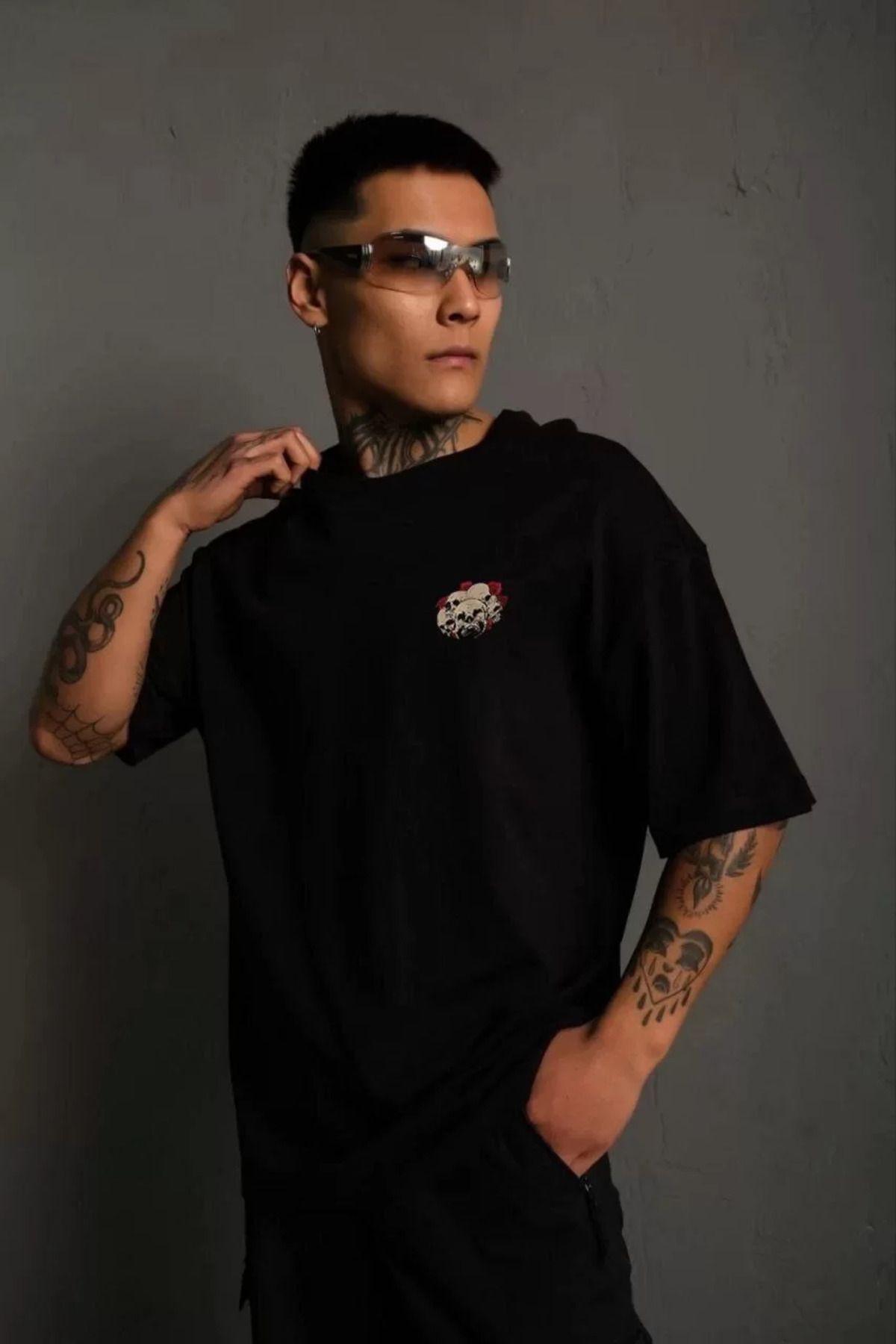 FantaziAtölyesi Unisex Bisiklet Yaka Baskılı Oversize T-Shirt - Siyah