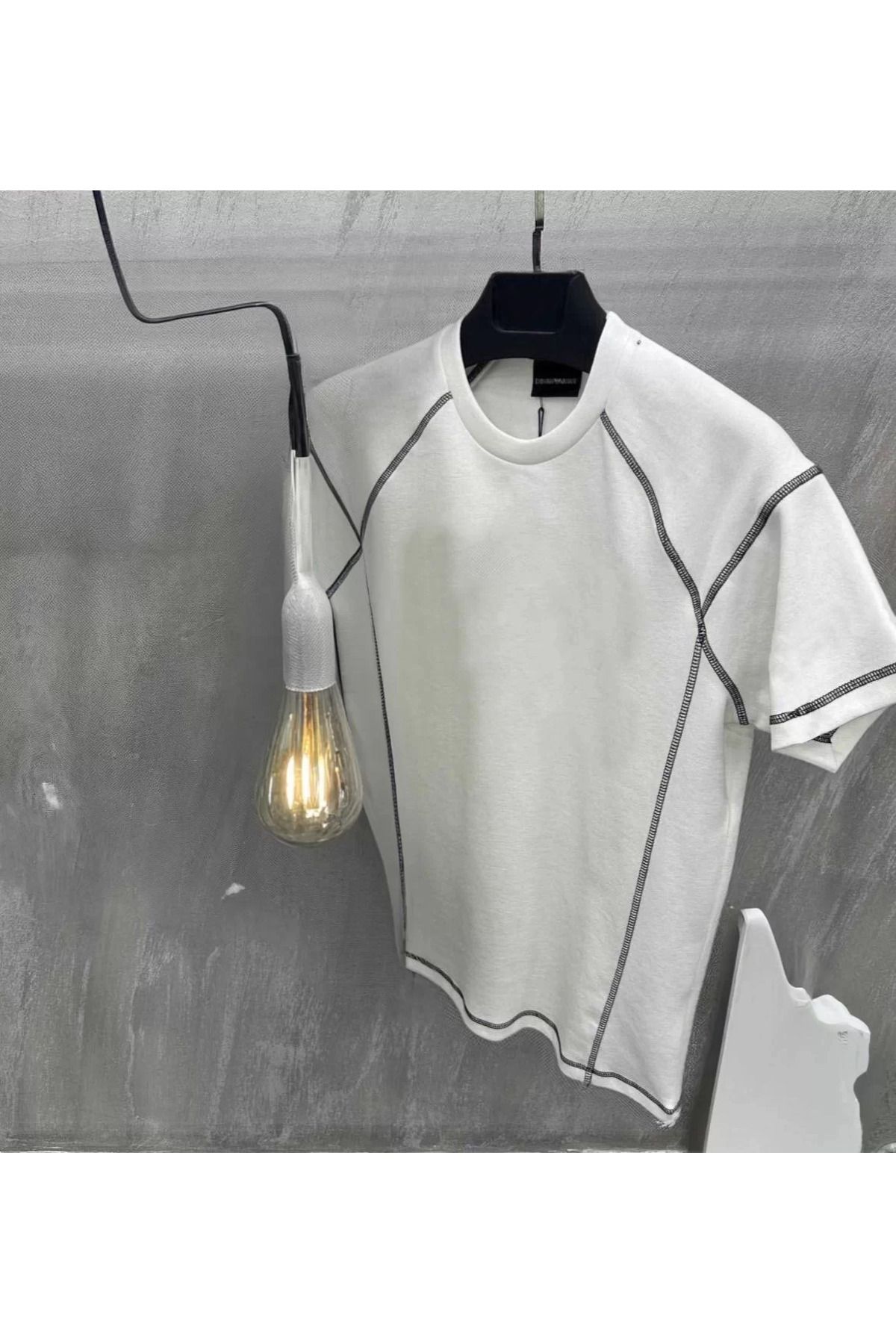 FantaziAtölyesi Unisex Karoyaka Dikişli Oversize T-Shirt - Beyaz