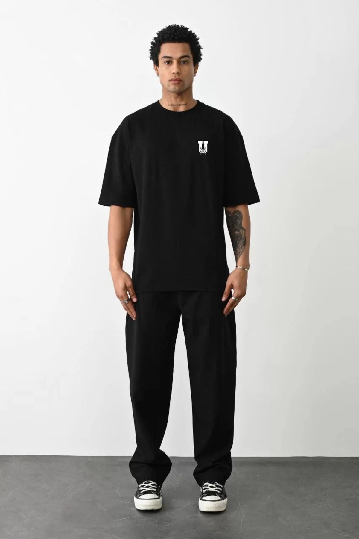 FantaziAtölyesi Unisex Bisiklet Yaka Baskılı Oversize T-Shirt - Siyah
