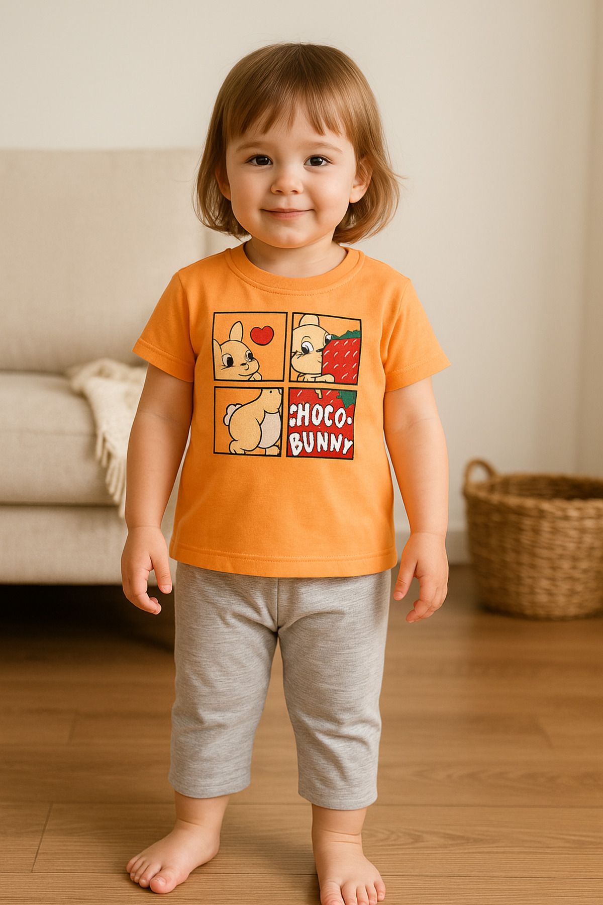 TRENDİMİZBİR Kız Bebek Turuncu Chocoo Bunny Baskılı Şortlu Yazlık Takım