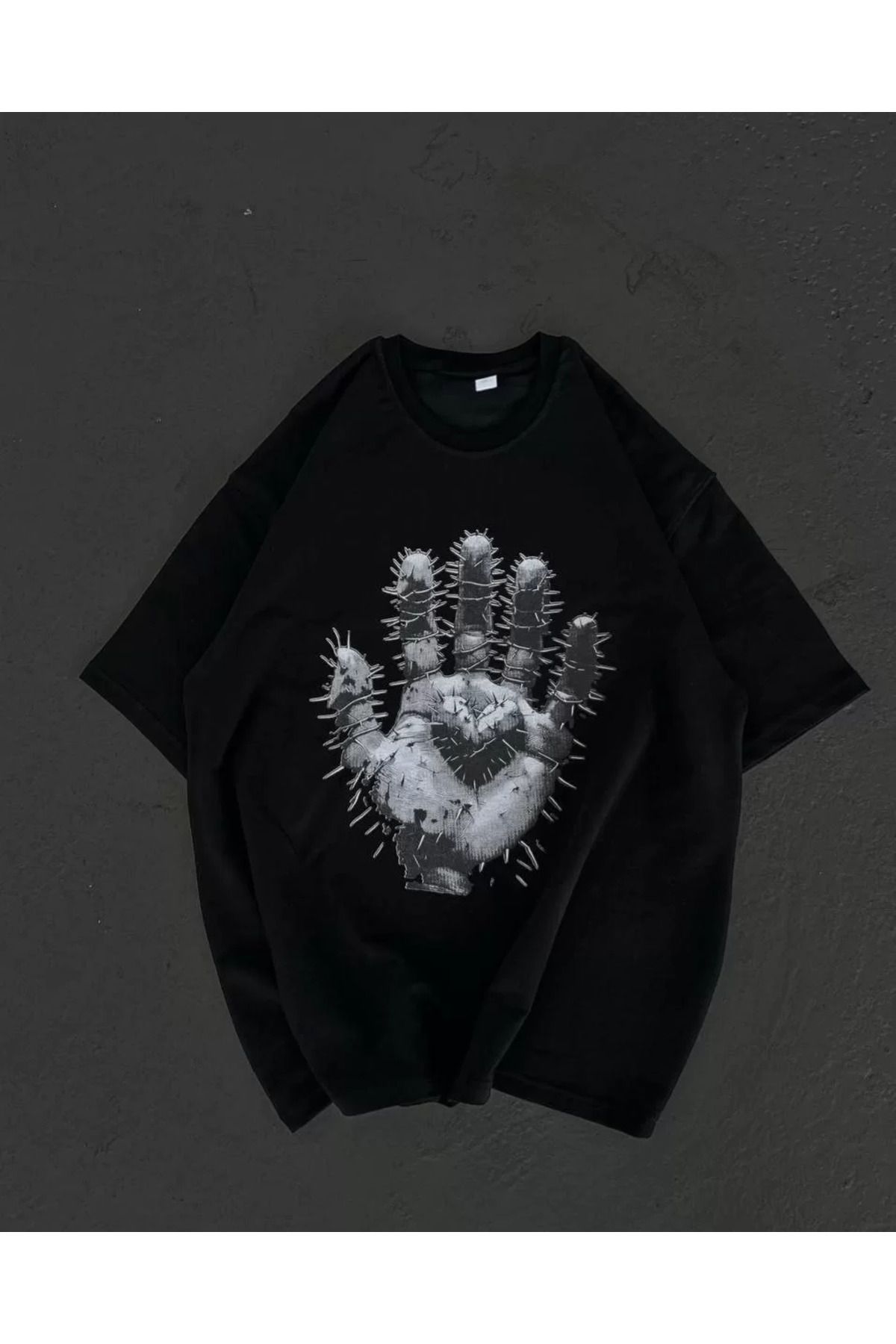 FantaziAtölyesi Unisex Bisiklet Yaka Baskılı Oversize T-Shirt - Siyah