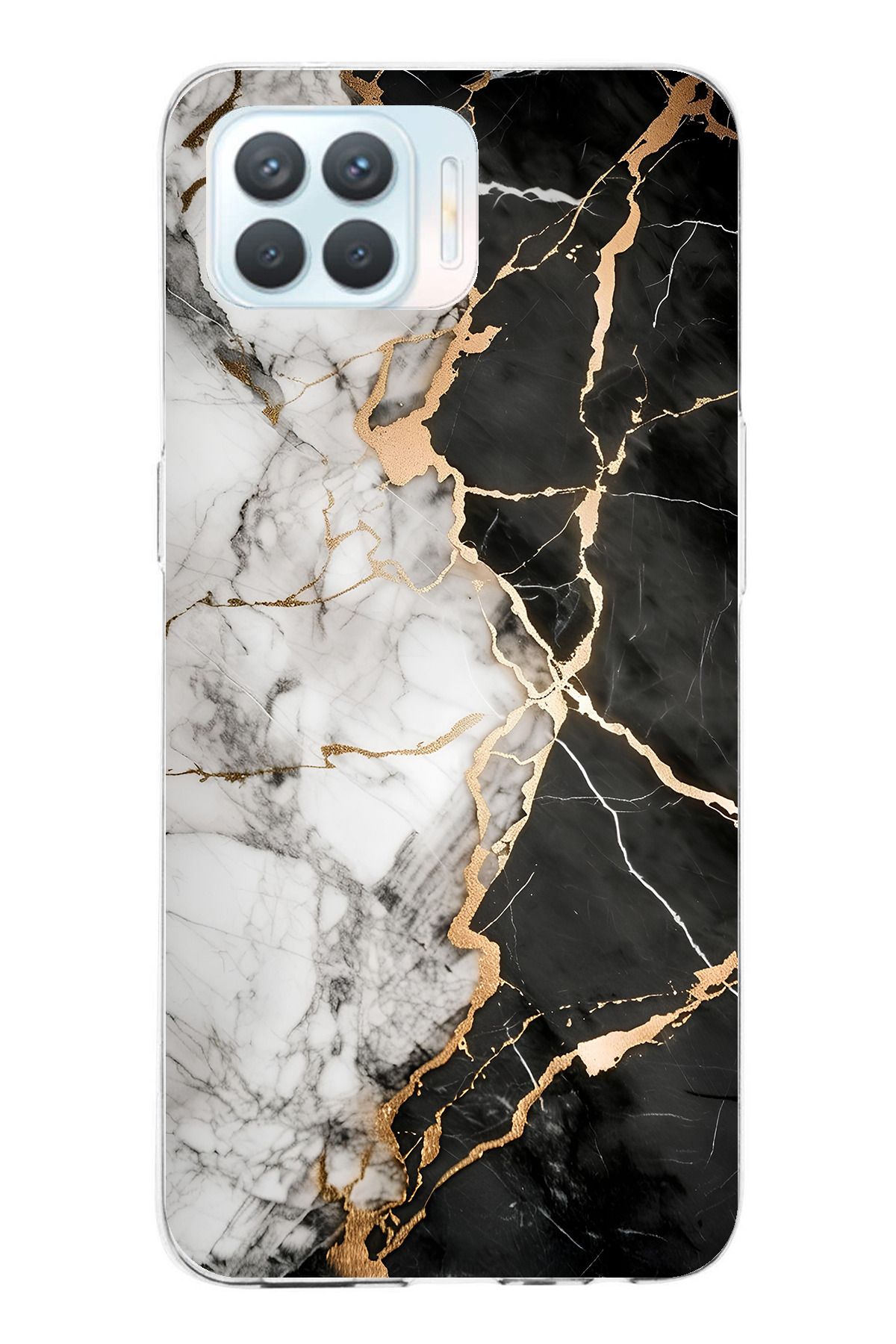 TechTree Oppo Reno 4 Lite Uyumlu Siyah Beyaz Mermer Şeffaf Silikon Kılıf