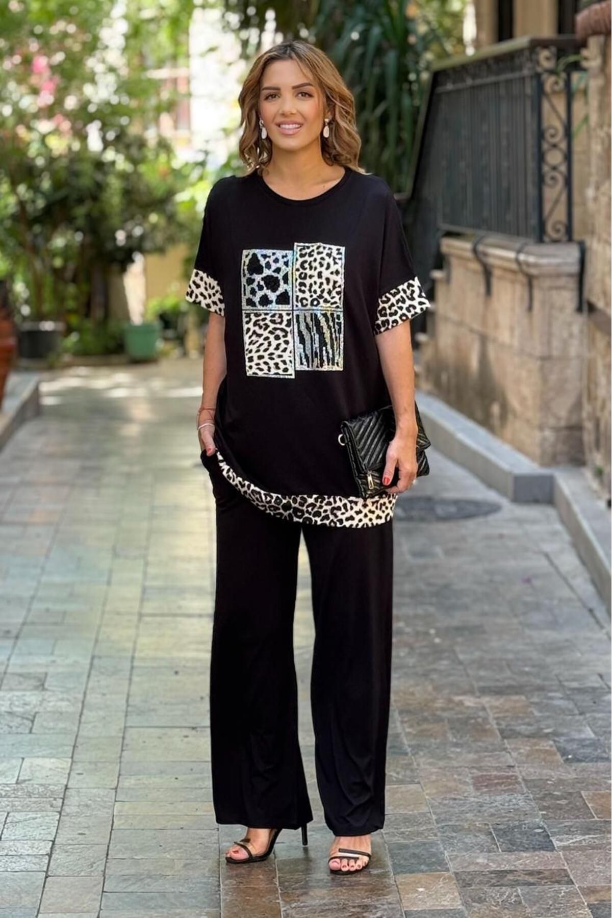 Nevin Kaya Moda Siyah Leopar Taşlı İkili Takım