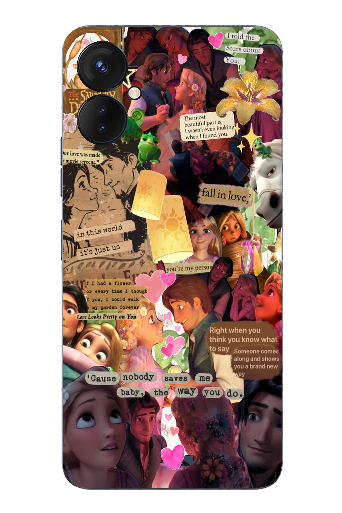 TechTree Tecno Spark 9 Pro Uyumlu Rapunzel Tangled Çıkartma Kolaj Tasarımlı Şeffaf Silikon Kılıf