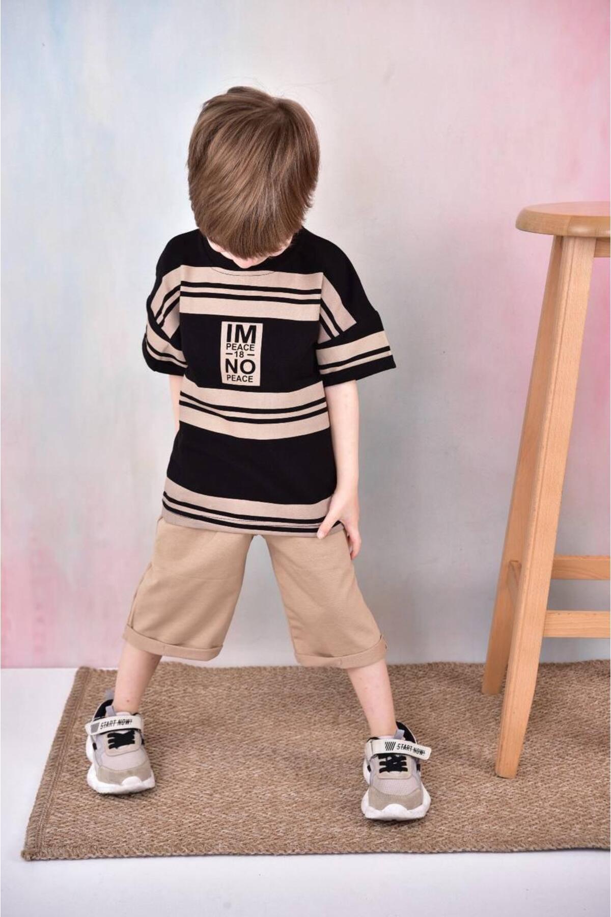 TRENDİMİZBİR-Boy's Line Patterned Written Capri Suit 2