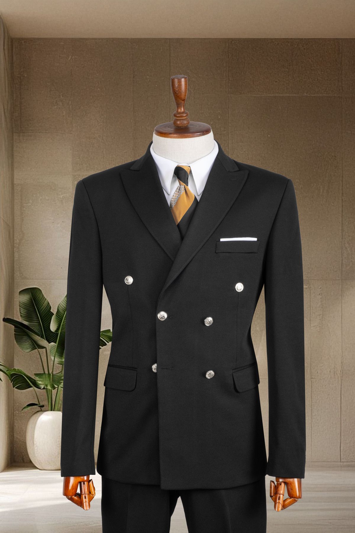 Sergio Ferraro Siyah Slim Fit İtalyan Stil Kruvaze Erkek Takım Elbise