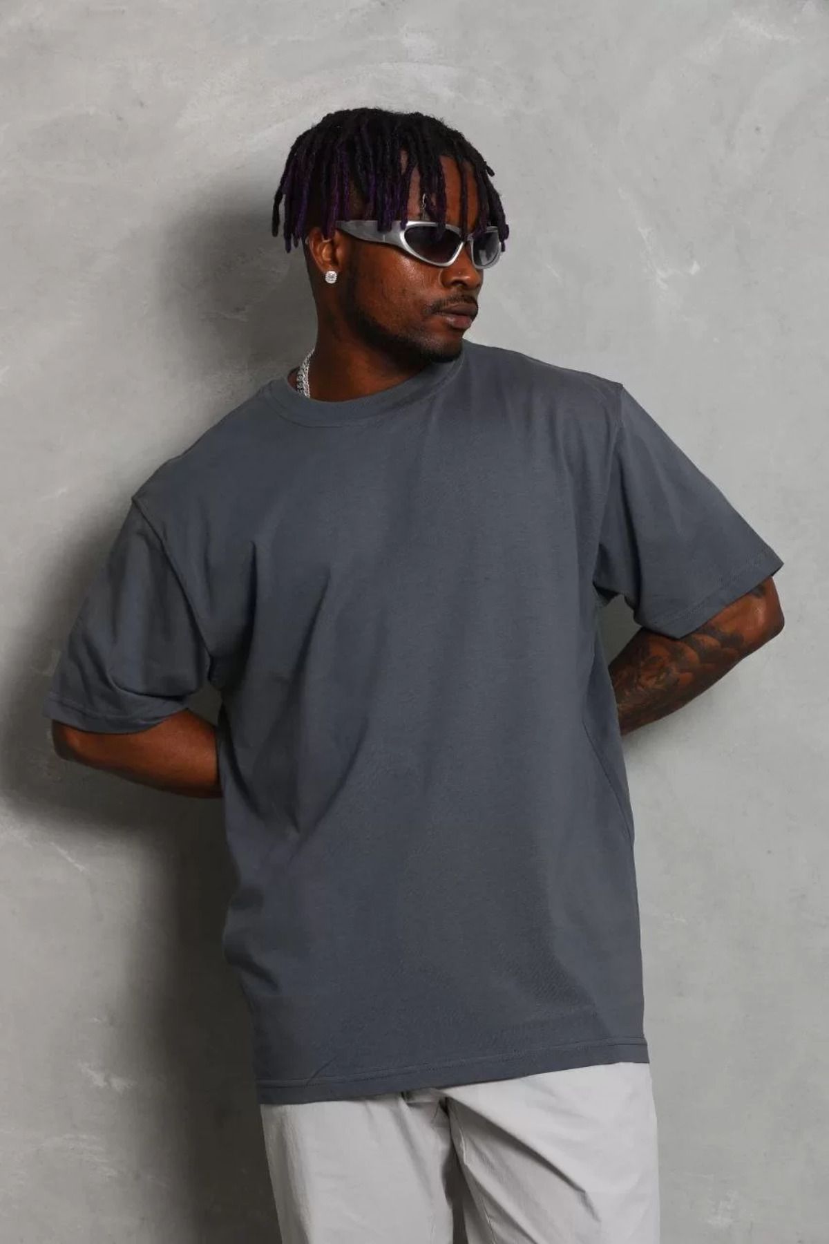 FantaziAtölyesi Unisex Oversize Düz Bisiklet Yaka T-Shirt - Füme