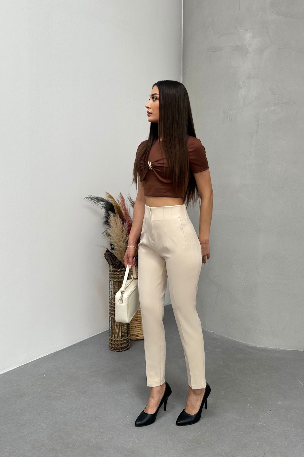 BİKELİFE-Pantaloni de damă din țesătură cu talie înaltă 5