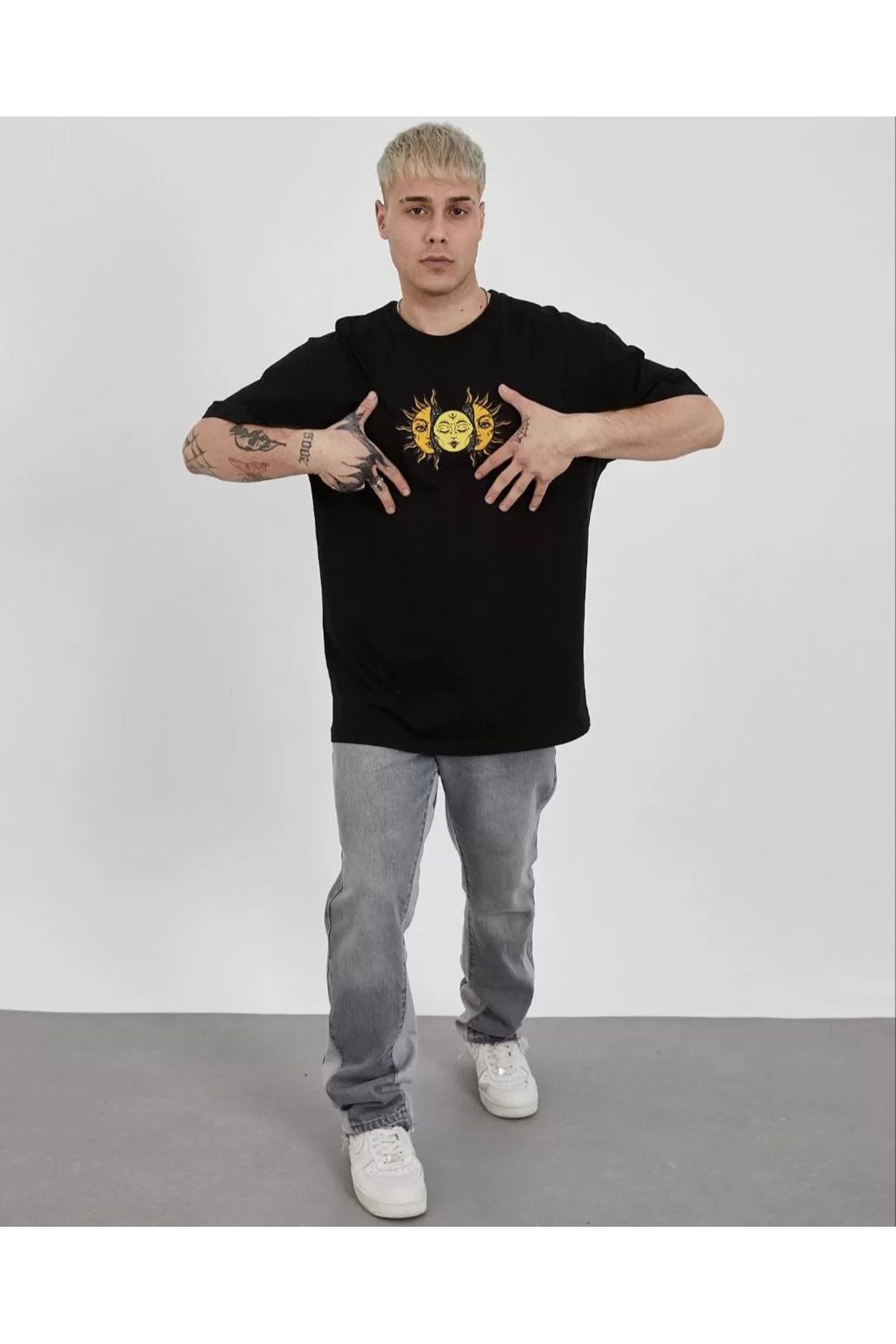 FantaziAtölyesi Unisex Bisiklet Yaka Baskılı Oversize T-Shirt - Siyah