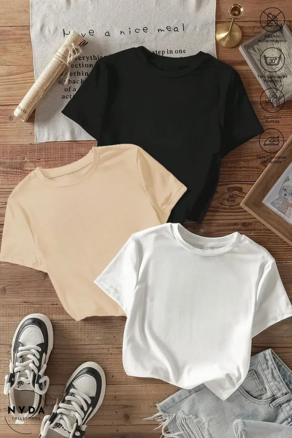 Nyda Collections Unisex Bisiklet Yaka Baskısız Pamuk Oversize 3lü Renkli Kısa Kollu Tişört Takım