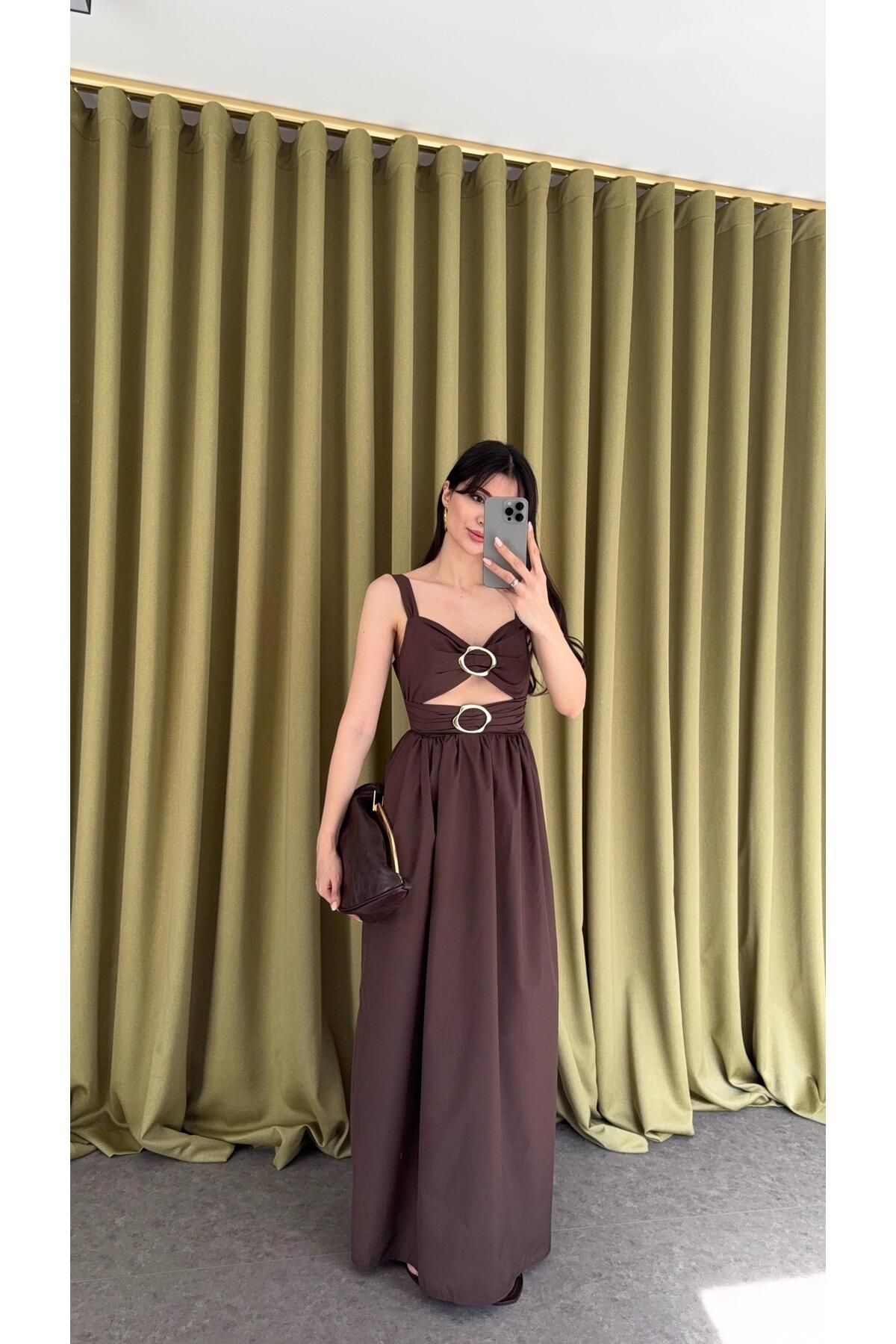 HAZELANNA Gold Detaylı Kahve Elbise