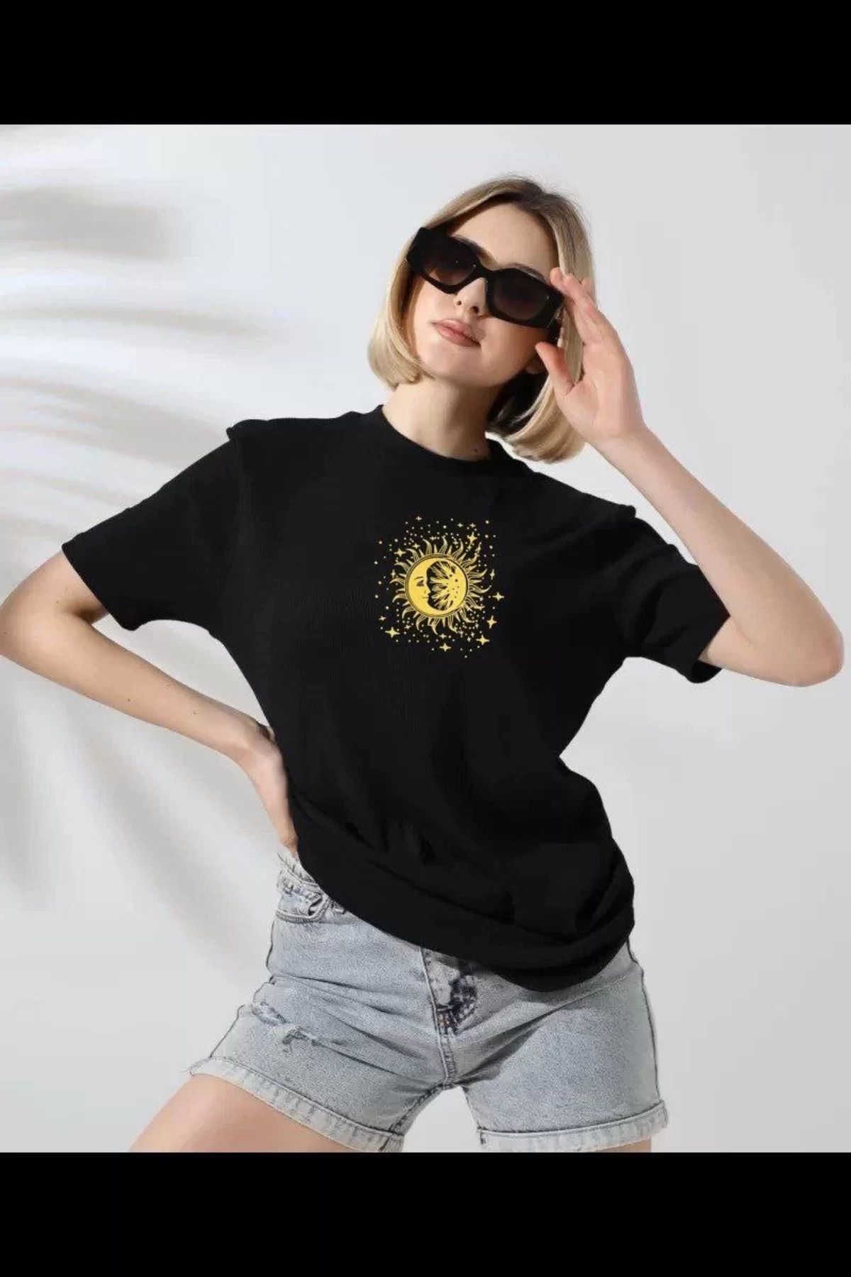 FantaziAtölyesi Unisex Kadın Bisiklet Yaka Baskılı T-Shirt - Siyah