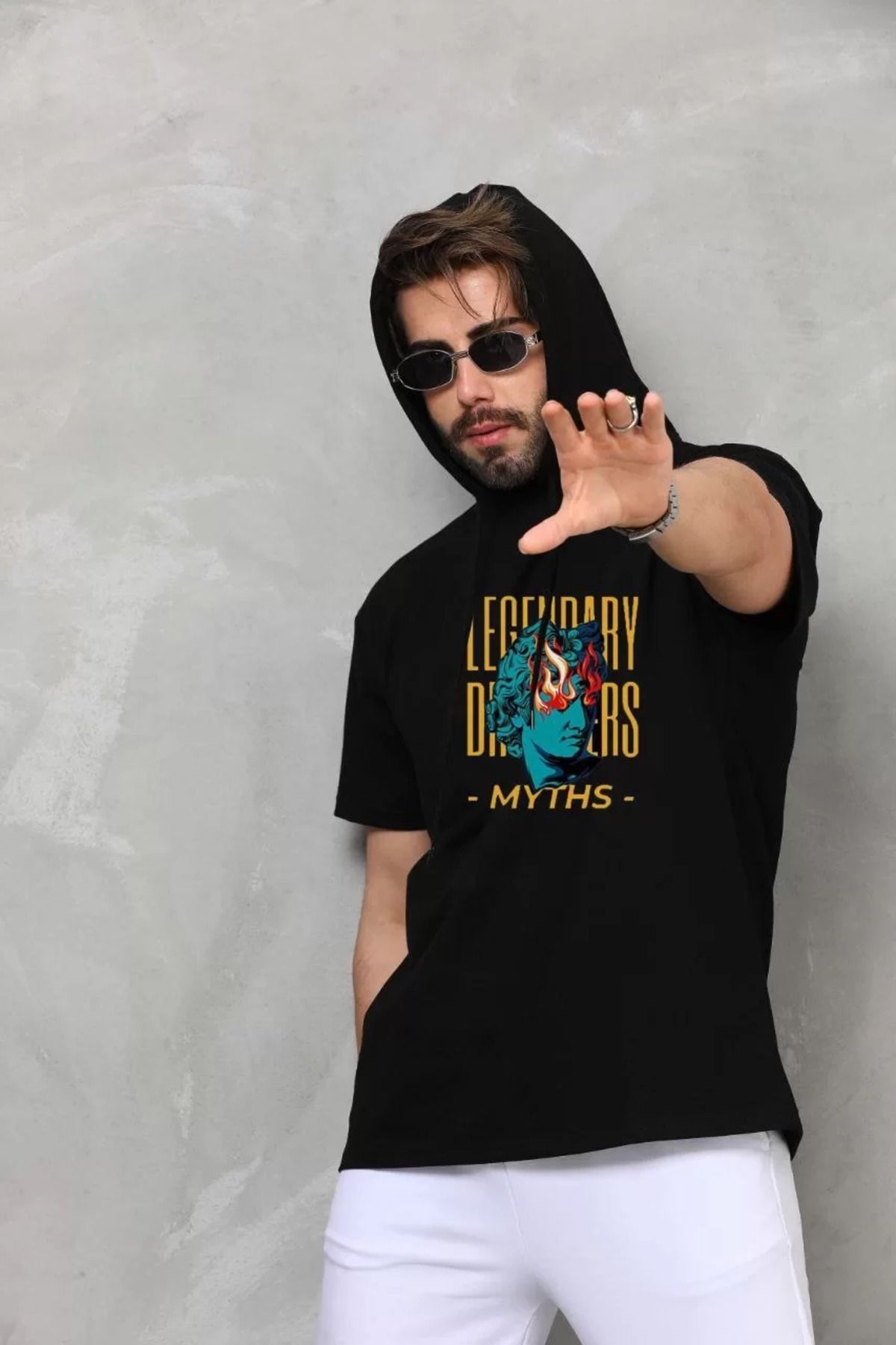 FantaziAtölyesi Unisex Kapşonlu Kolsuz Oversize Baskılı Tişört - Siyah