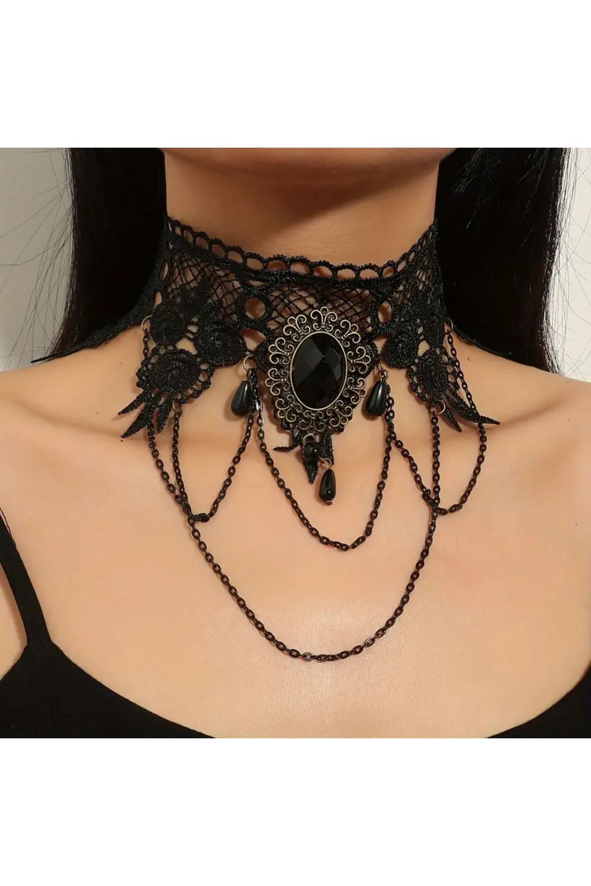 MİLALAZO Gotik Choker Kolye - Siyah Geometrik Dantel ve Çiçek Desenli