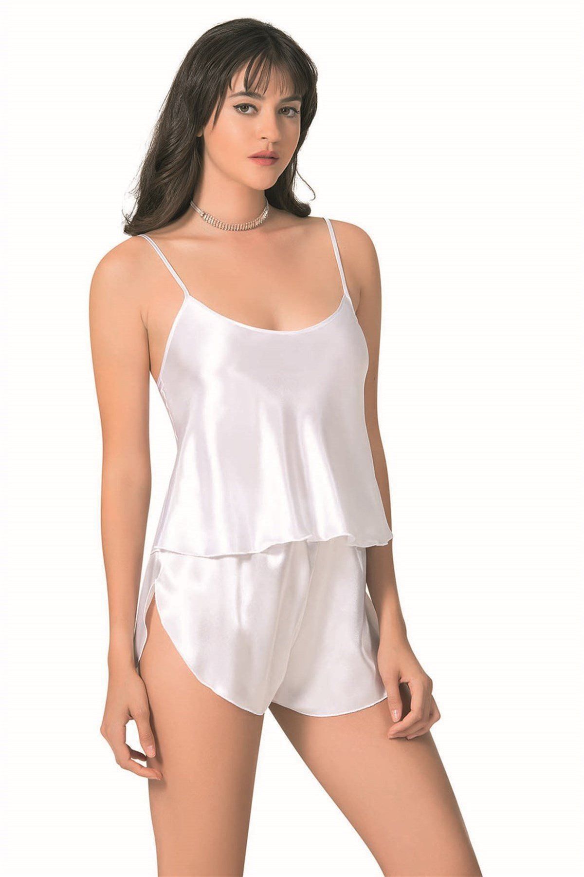 PRIMODA Beyaz Saten Babydoll Şort Takımı