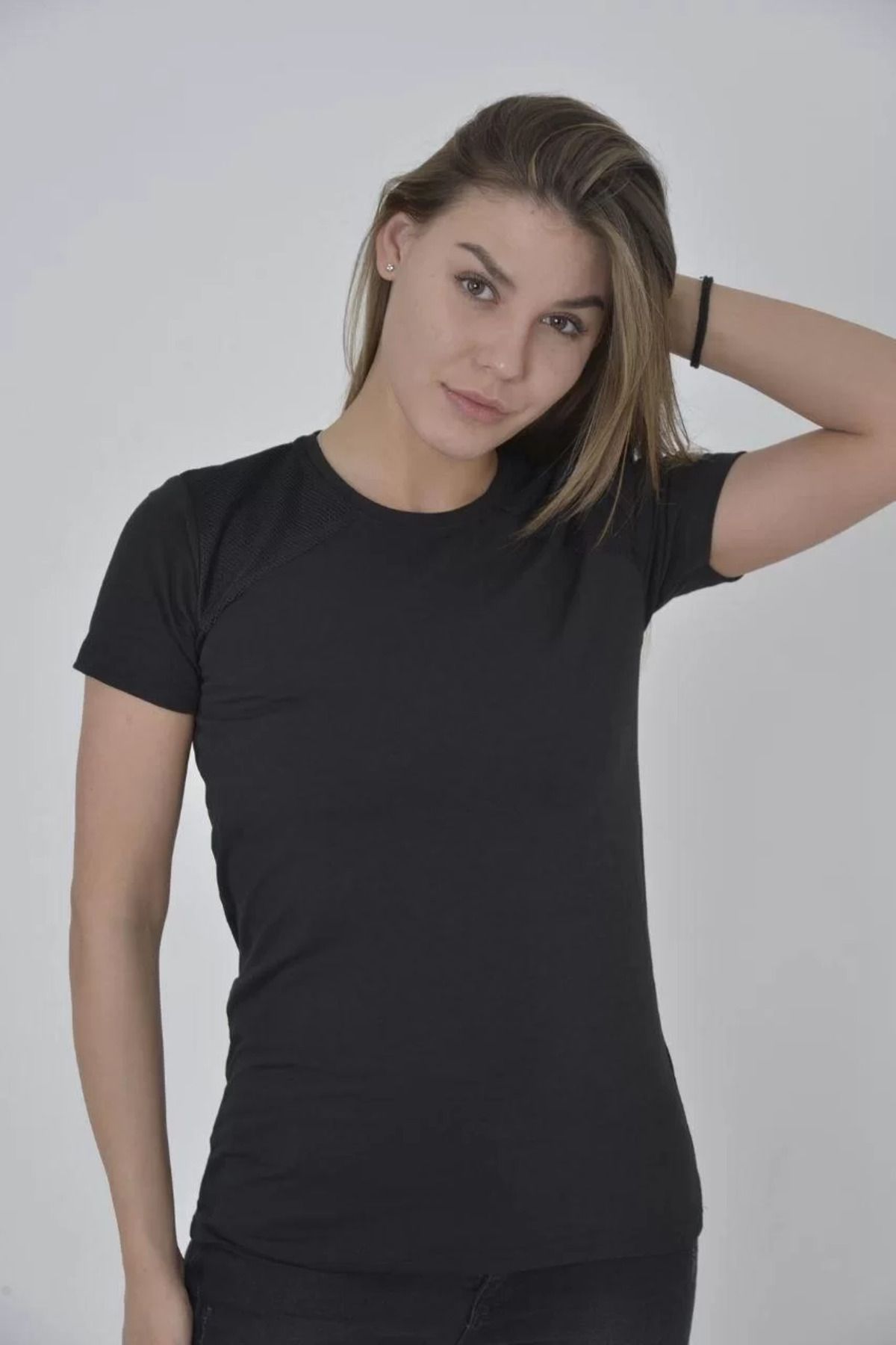 FantaziAtölyesi Kadın Omuz Fileli Slim Fit T-shirt - Siyah