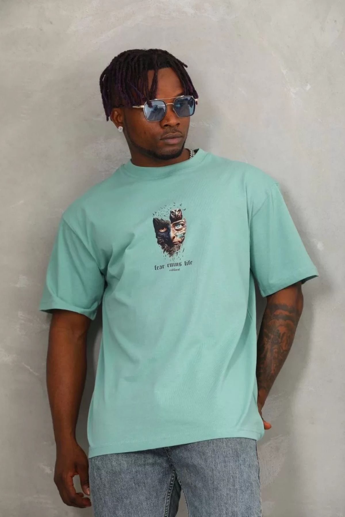 FantaziAtölyesi Unisex Oversize Baskılı Bisiklet Yaka T-Shirt - Mint Yeşili