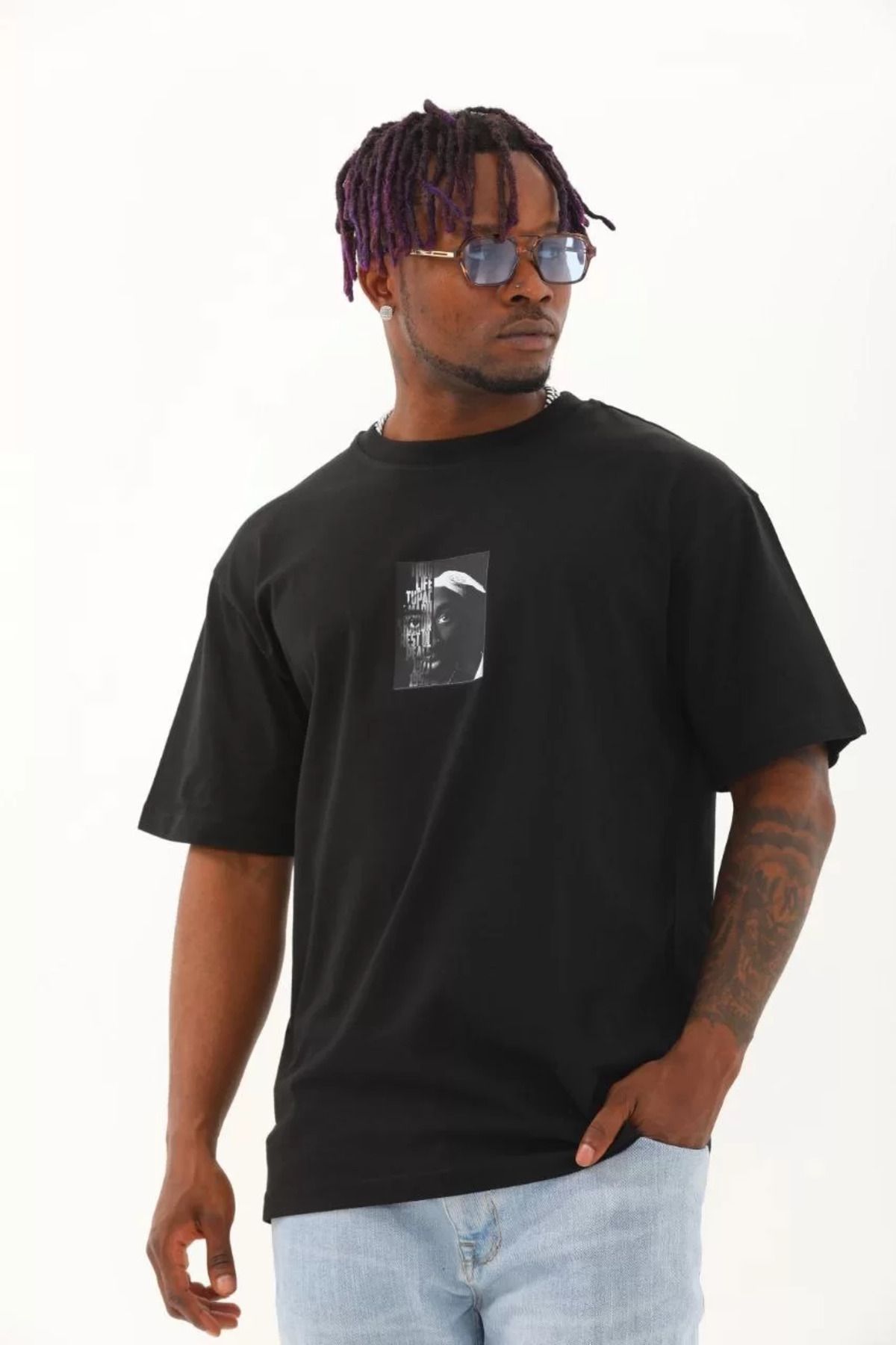FantaziAtölyesi Unisex Oversize Baskılı Bisiklet Yaka T-Shirt - Siyah