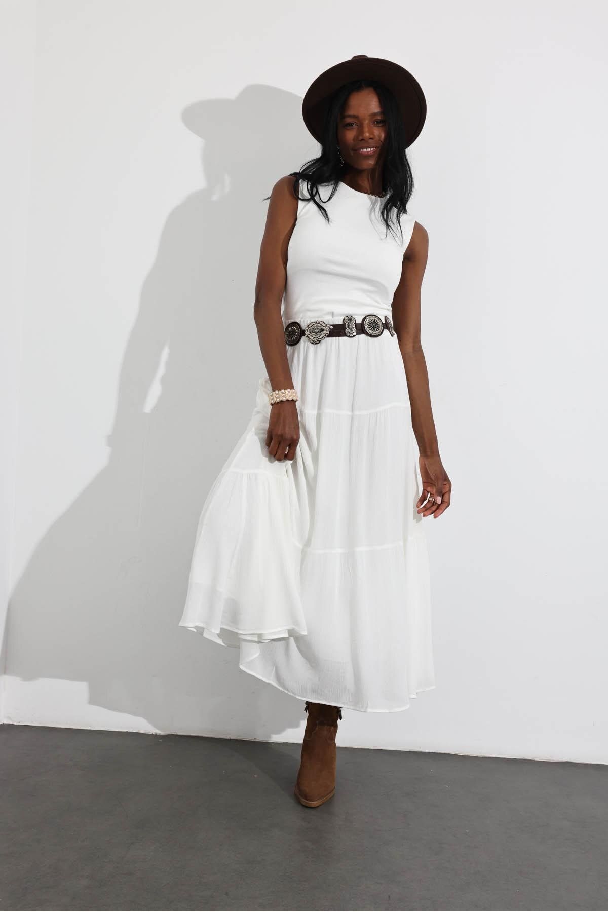 5in1Canpolat-White Elastic Waist Maxi Length Skirt 16780 3