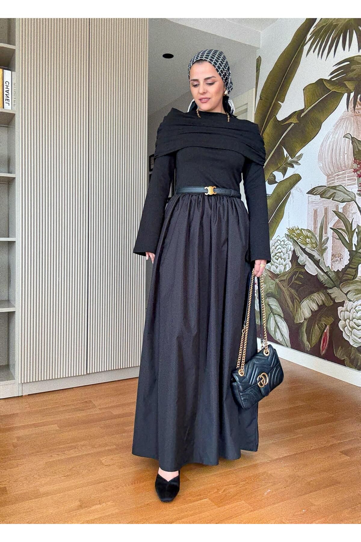 Aselim Hijap Moda Kayık Yaka Pamuklu Roza Elbise Siyah