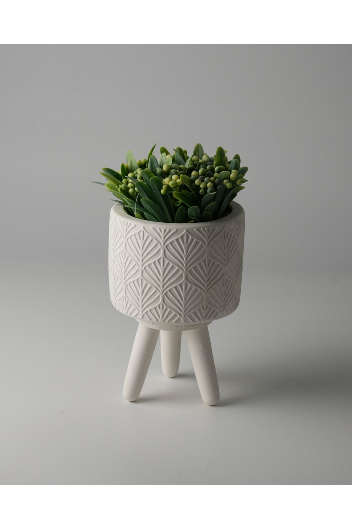 Kaju Creative Dekoratif Beton Saksı - Beyaz Beton Ayak Takımlı Yaprak Desenli