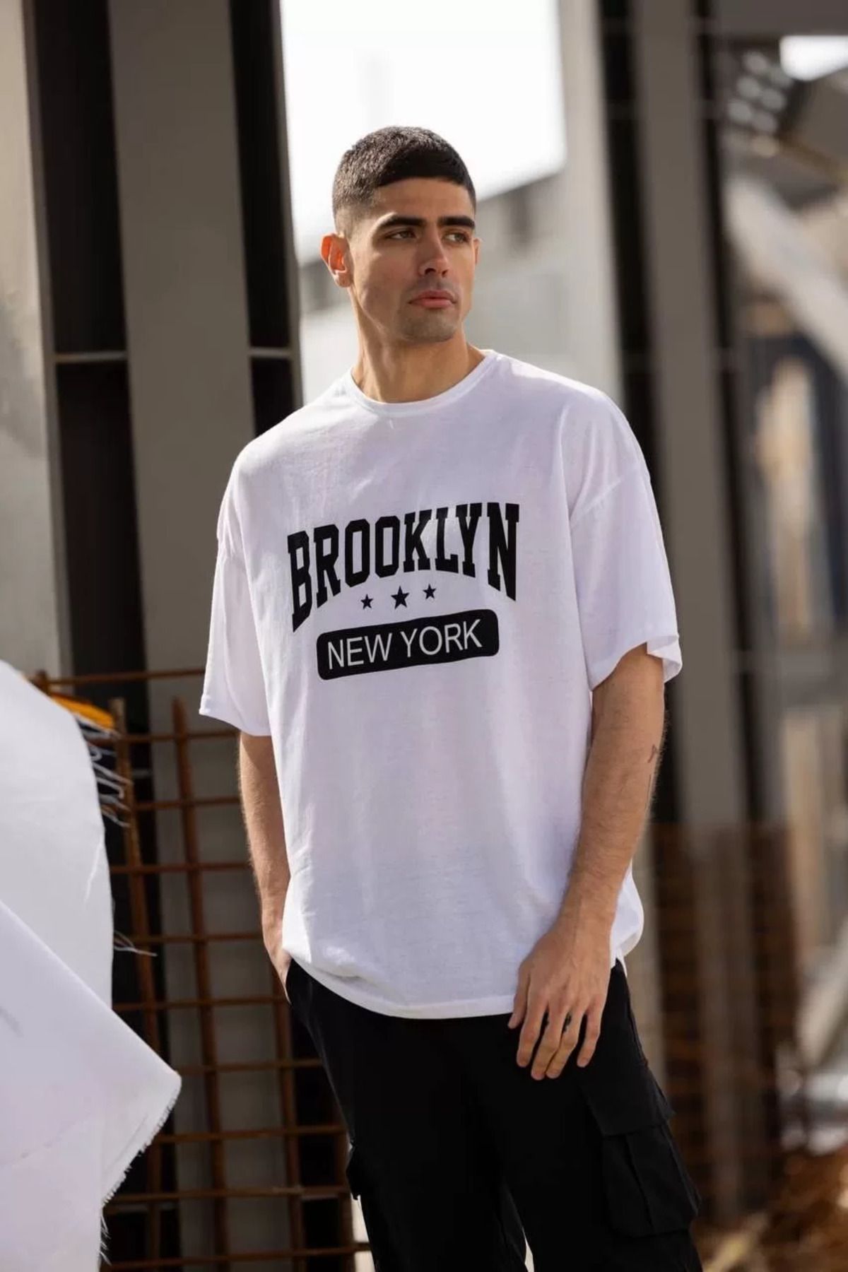 FantaziAtölyesi Unisex Bisiklet Yaka Baskılı Oversize T-Shirt - Beyaz