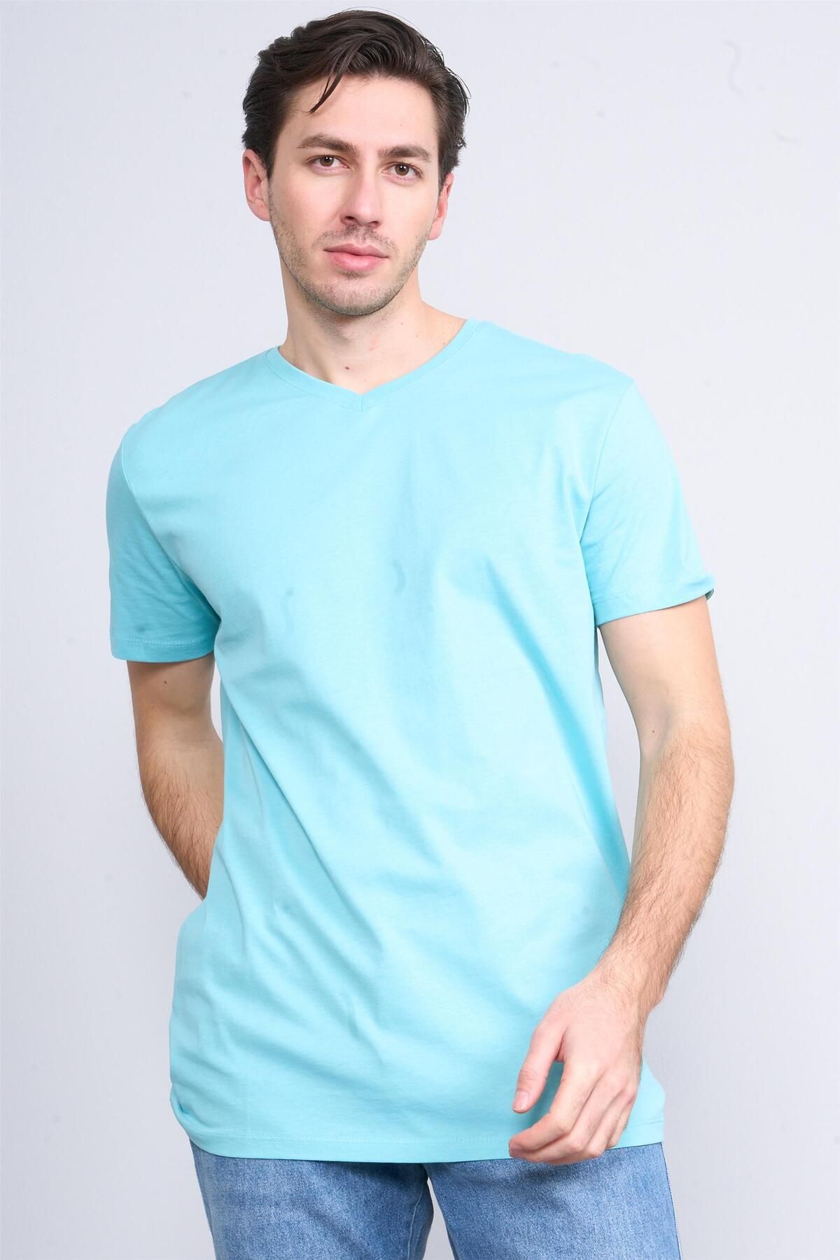 Mentality Çetinkaya Mentality 2772V -S V Yaka Basic T-Shirt Turkuaz
