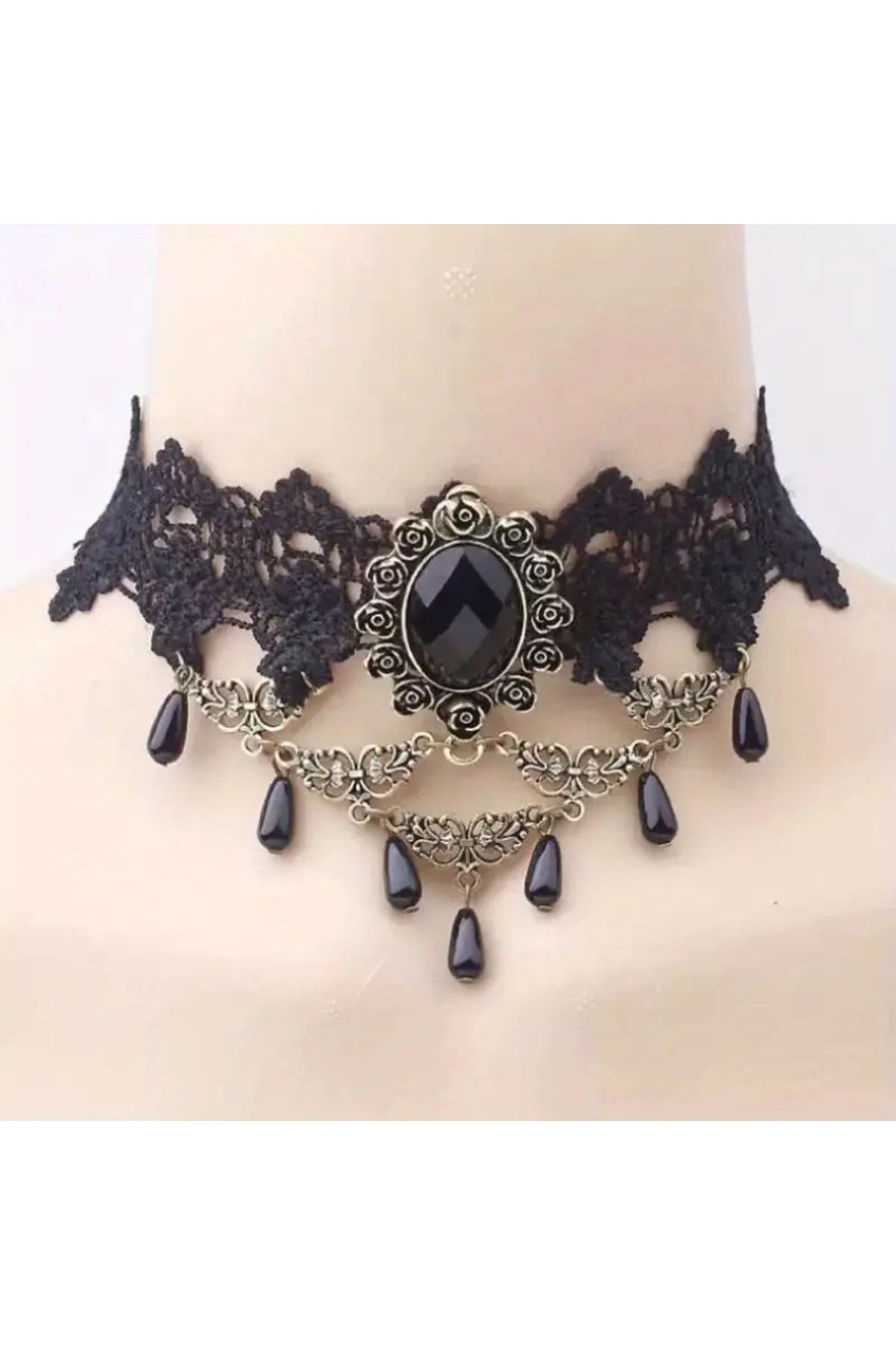MİLALAZO Gotik Choker Kolye - Siyah Geometrik Dantel ve Çiçek Desenli