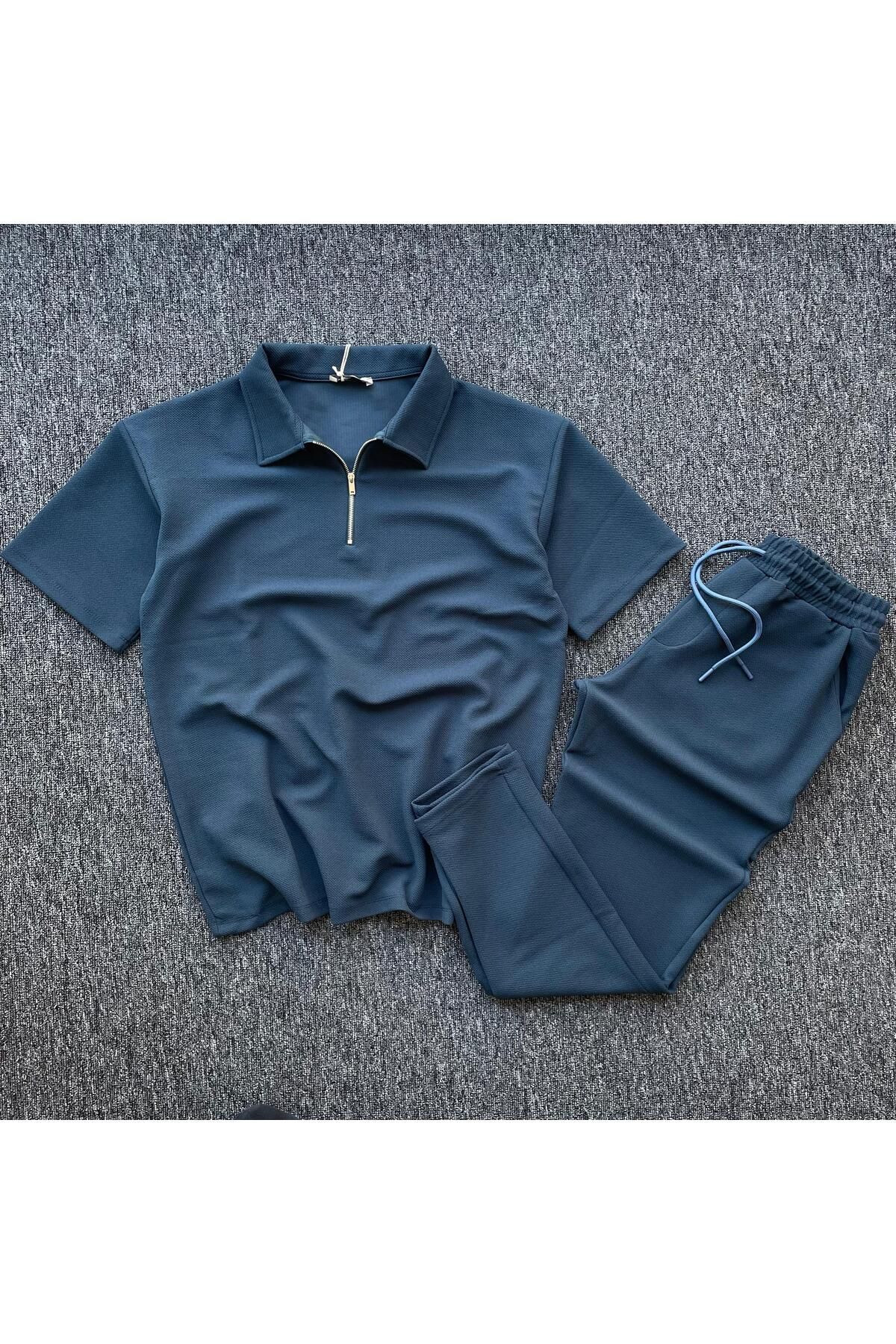 Pablomoda Fermuarlı Premium Petek Kumaş Erkek T-Shirt Pantolon Takım 2'li Set