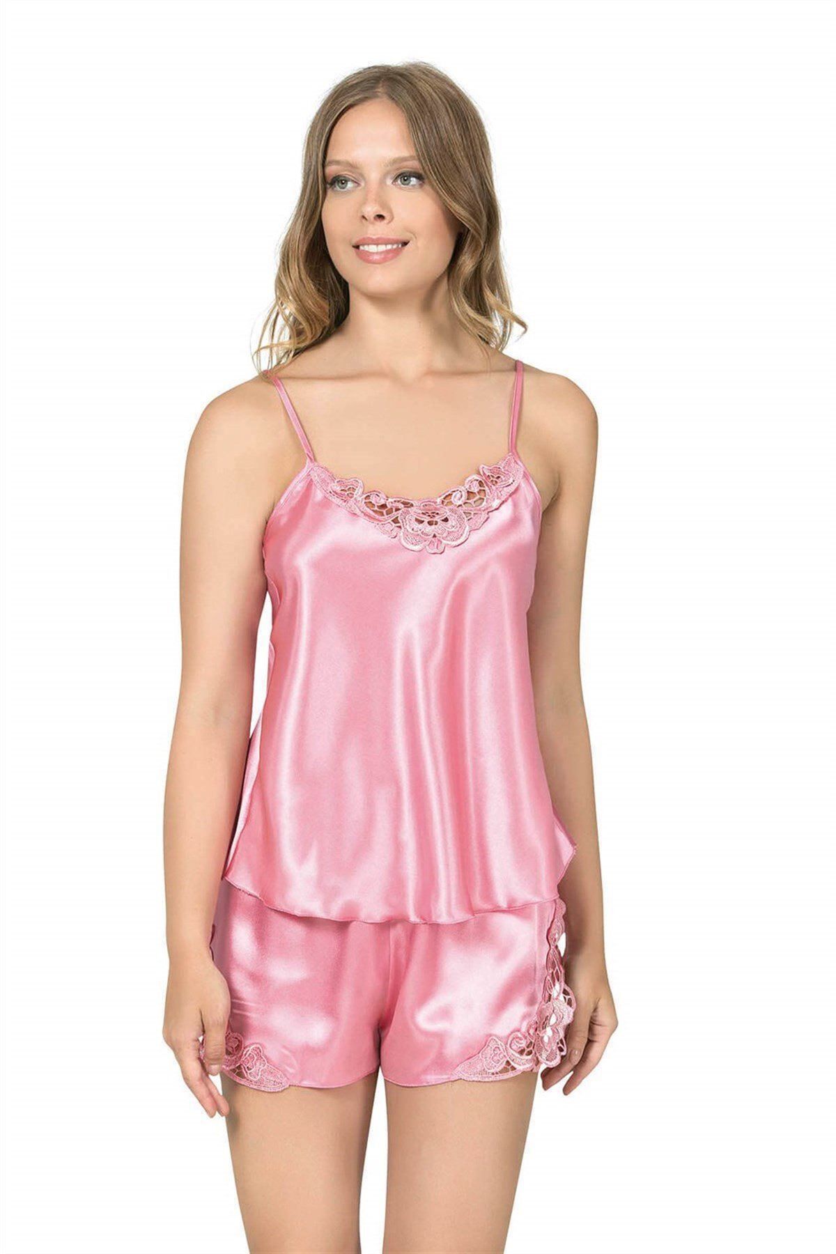 PRIMODA Koyu Pembe Saten Babydoll Şort Takım