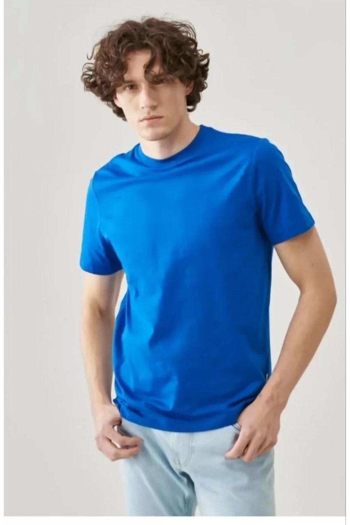 FantaziAtölyesi Unisex Düz Biskilet Yaka Oversize T-shirt - Mavi