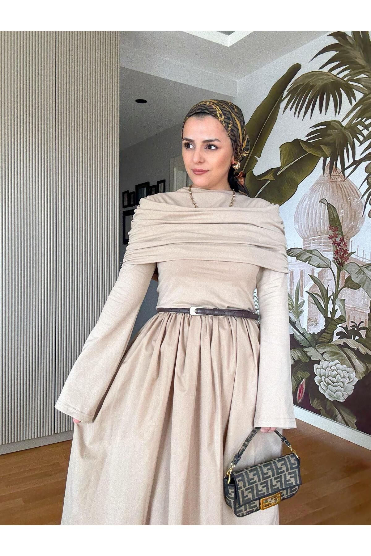 Aselim Hijap Moda Kayık Yaka Pamuklu Roza Elbise Bej
