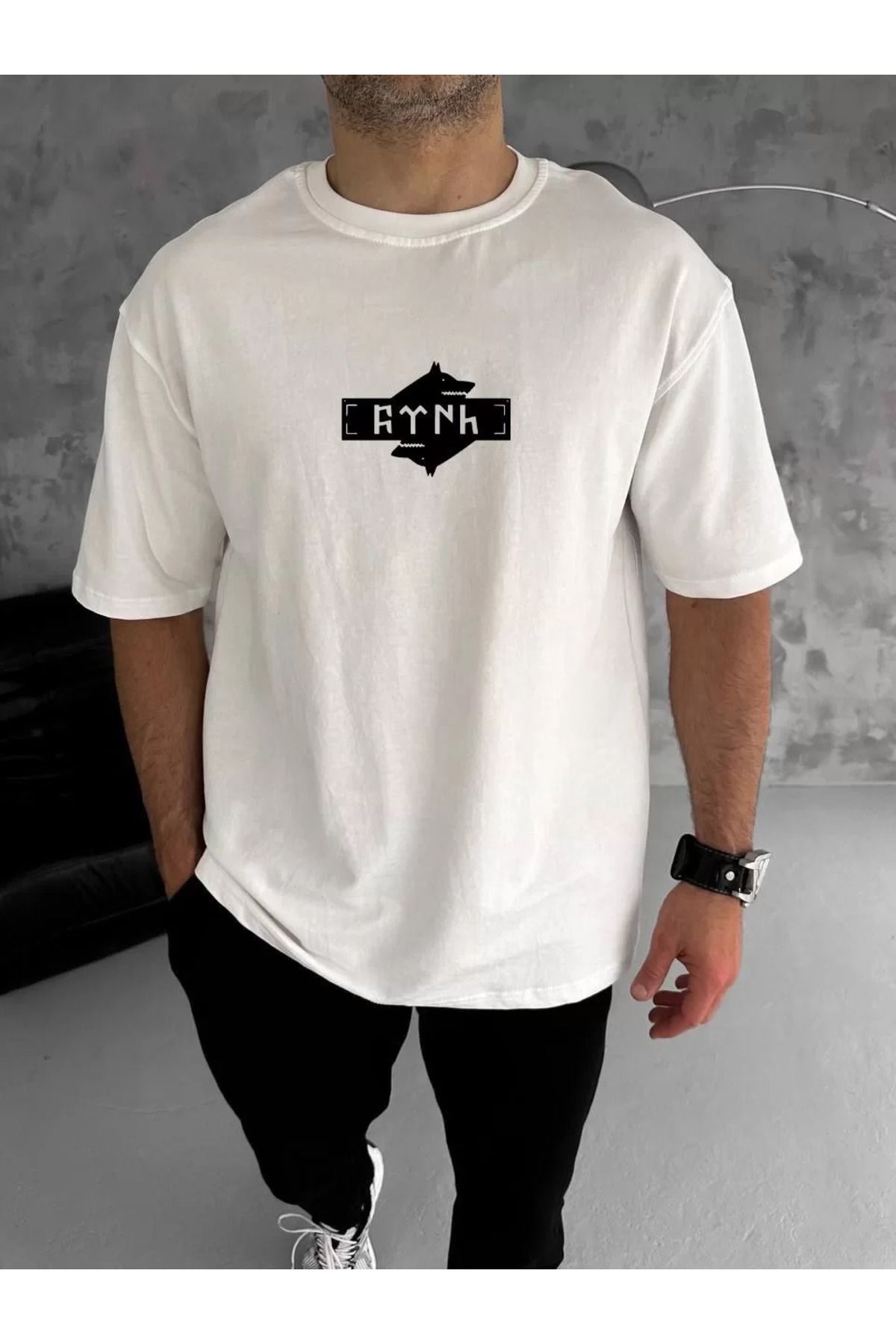 FantaziAtölyesi Unisex Bisiklet Yaka Baskılı Double Oversize T-Shirt - Beyaz