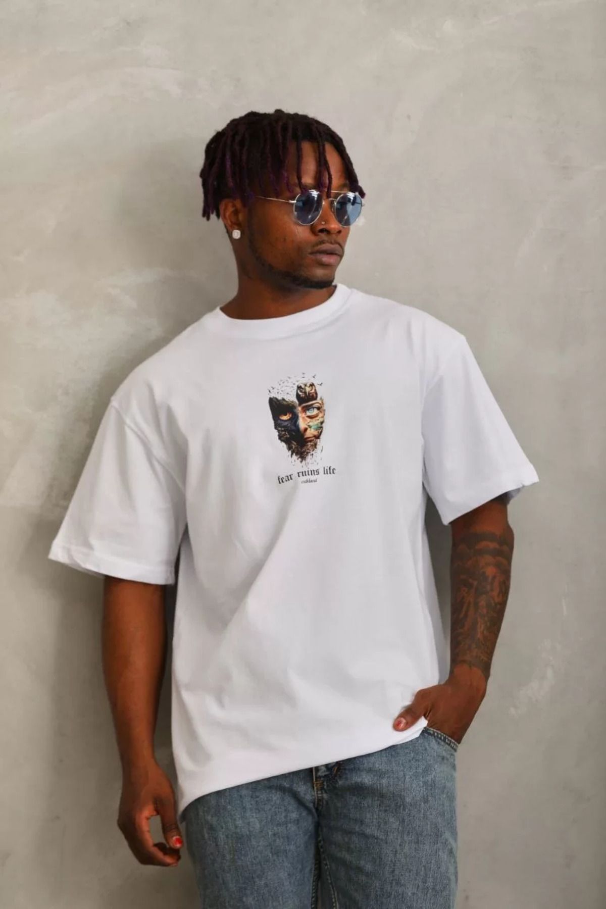 FantaziAtölyesi Unisex Oversize Baskılı Bisiklet Yaka T-Shirt - Beyaz