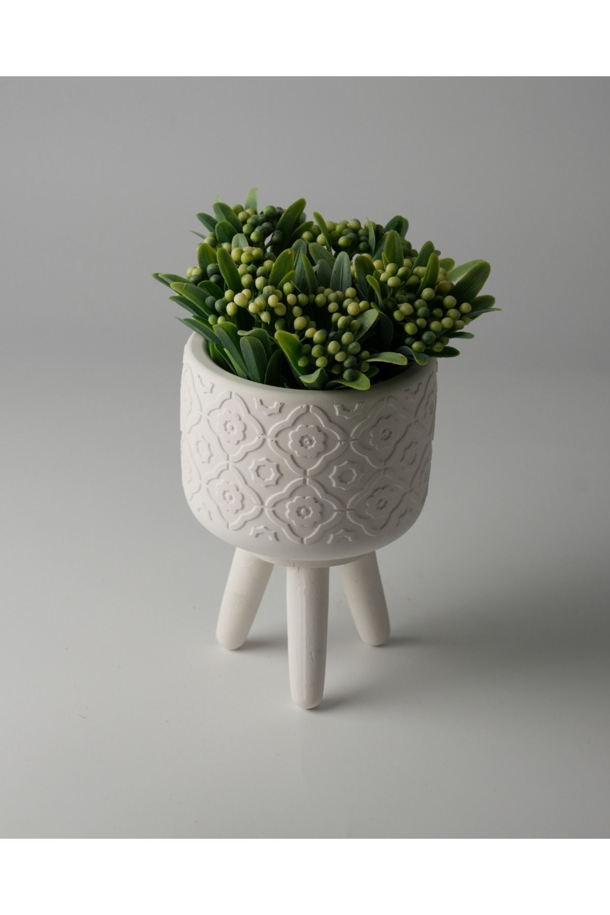 Kaju Creative Dekoratif Beton Saksı - Beyaz Beton Ayak Takımlı Otantik Çiçek Desenli