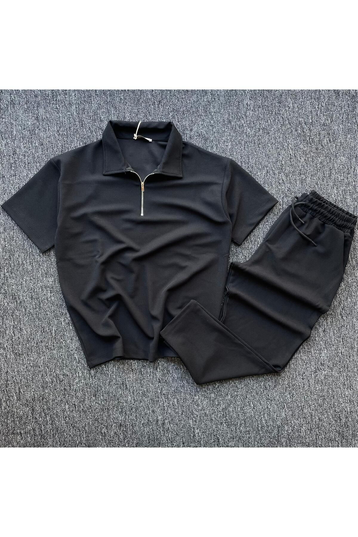Pablomoda Fermuarlı Premium Petek Kumaş Erkek T-Shirt Pantolon Takım 2'li Set