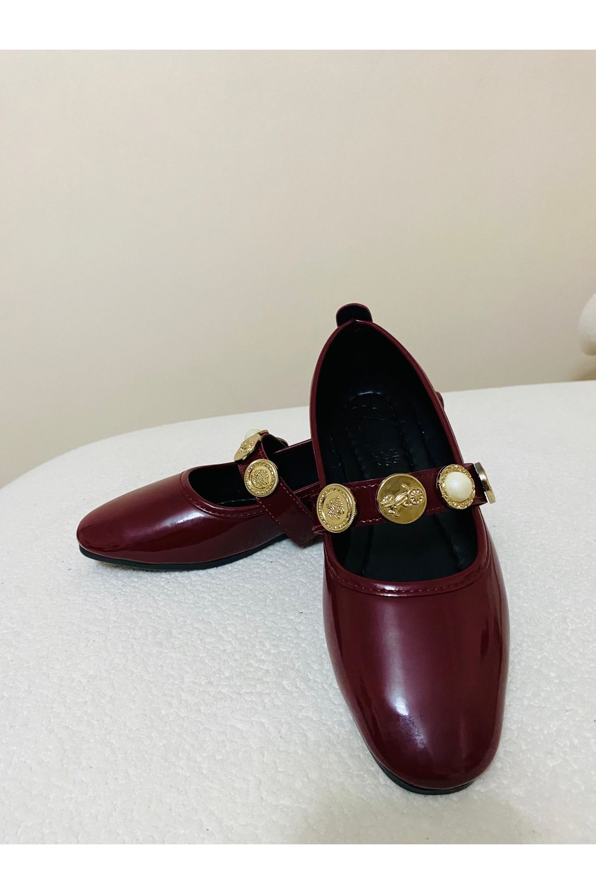 BİRDALİFE WEAR Gold Broş Detaylı Bordo Kadın Lastikli Yumuşak Babet