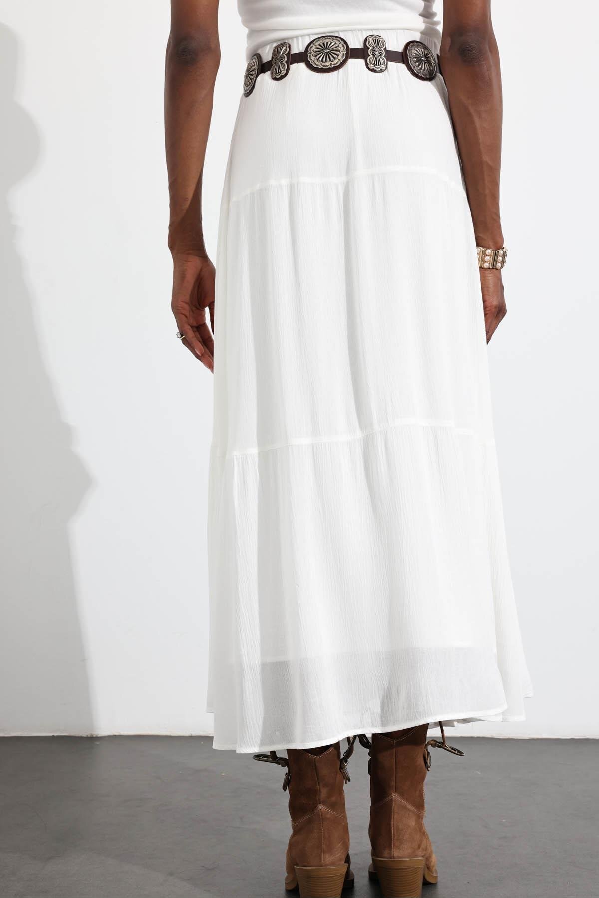 5in1Canpolat-White Elastic Waist Maxi Length Skirt 16780 4