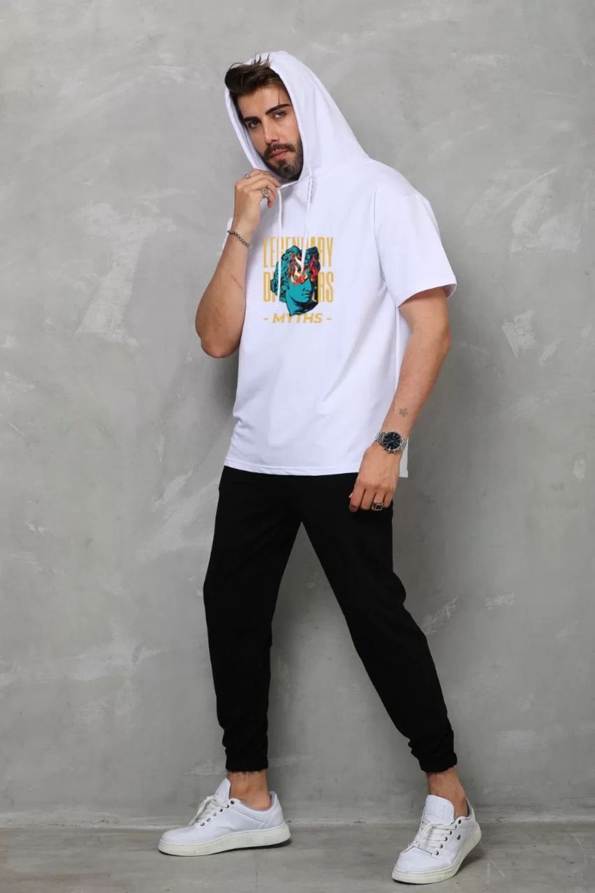 FantaziAtölyesi Unisex Kapşonlu Kolsuz Oversize Baskılı Tişört - Beyaz